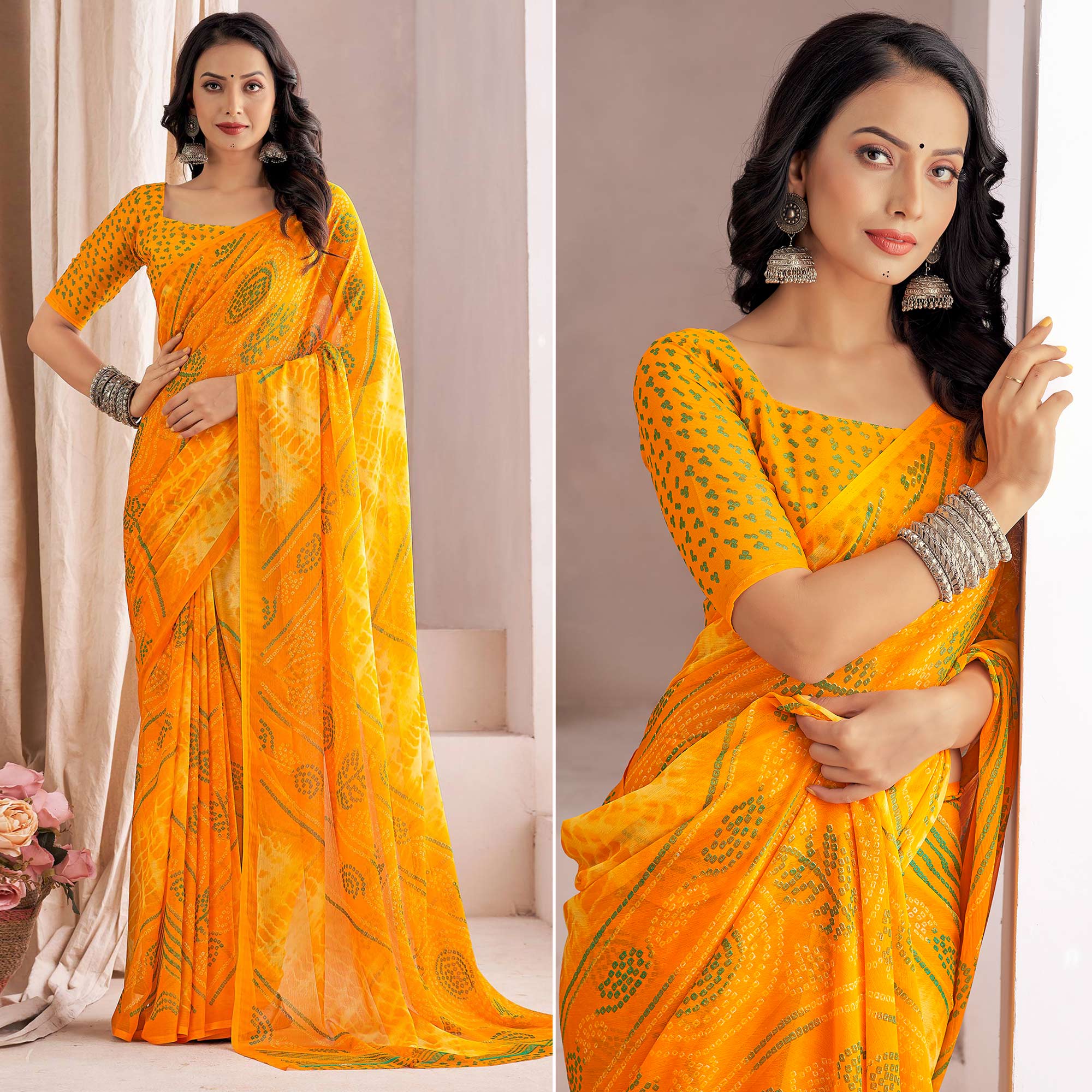 Yellow Bandhani Printed Chiffon Saree