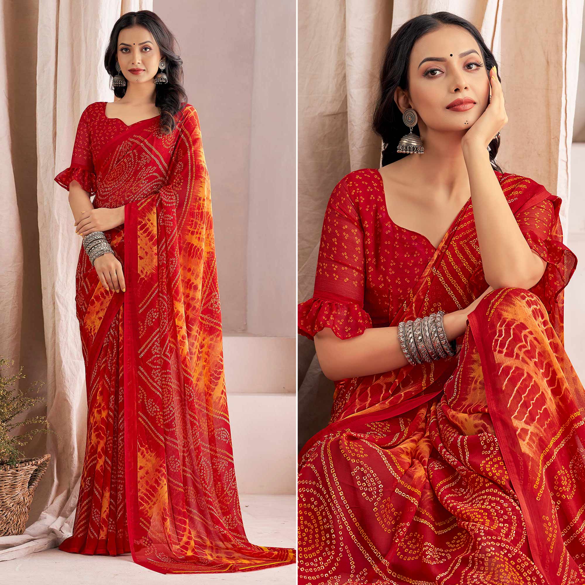 Red Bandhani Printed Chiffon Saree