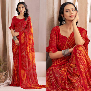 Red Bandhani Printed Chiffon Saree