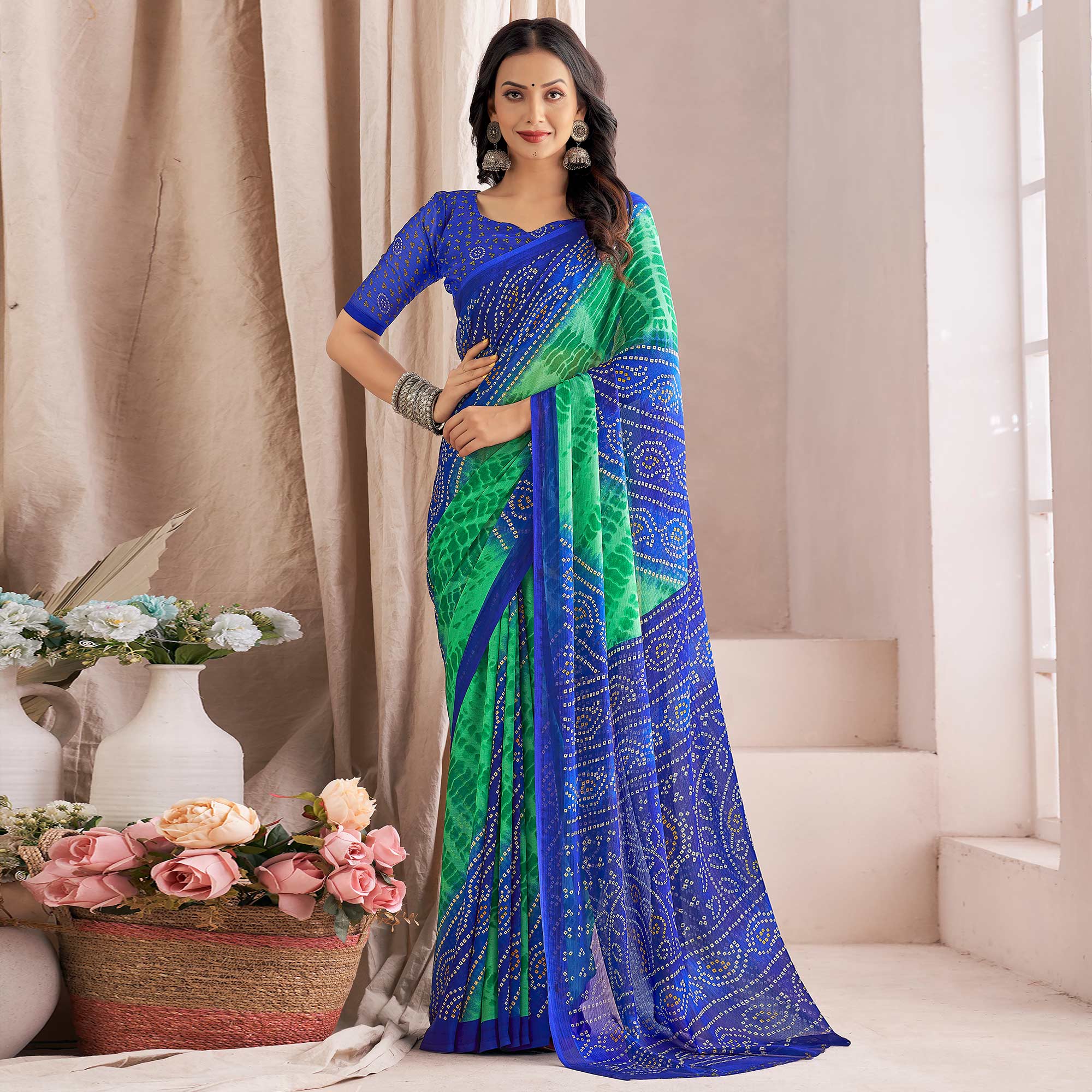 Blue Bandhani Printed Chiffon Saree