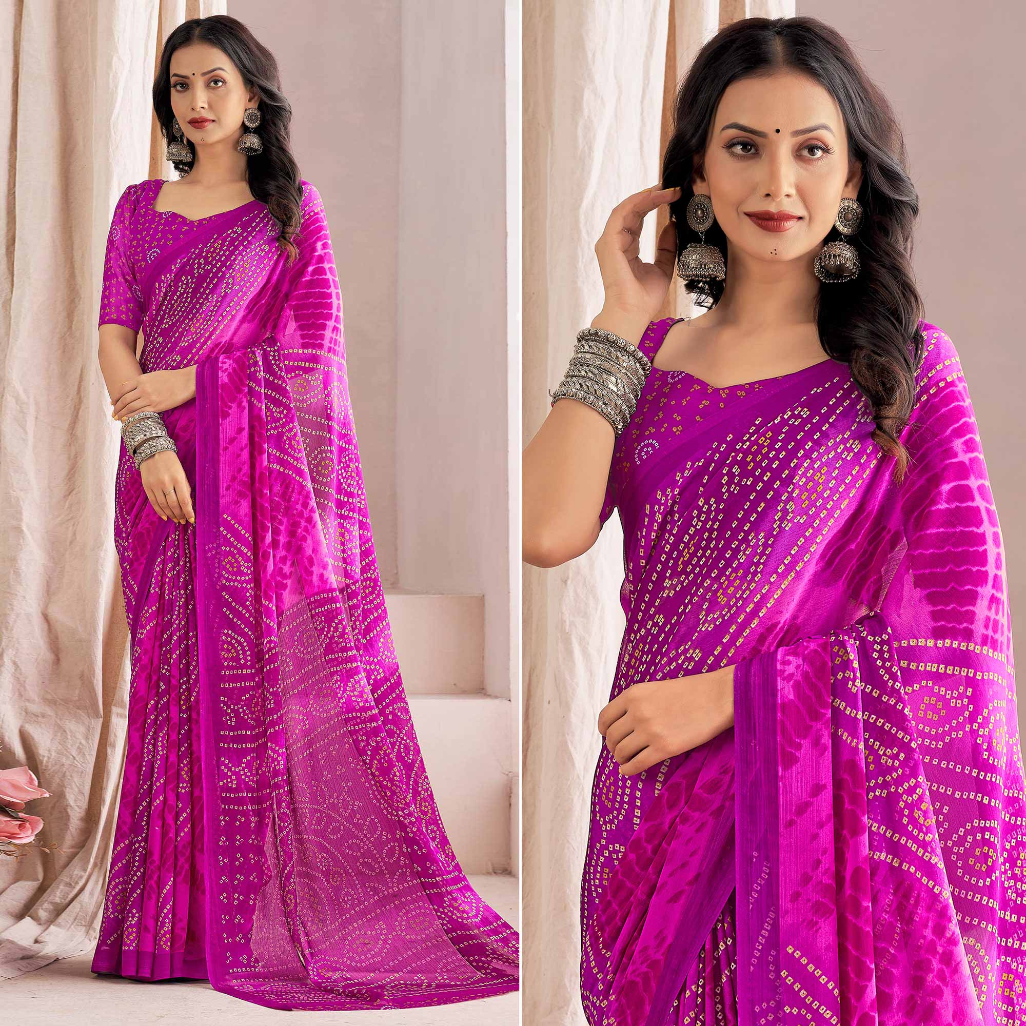 Purple Bandhani Printed Chiffon Saree