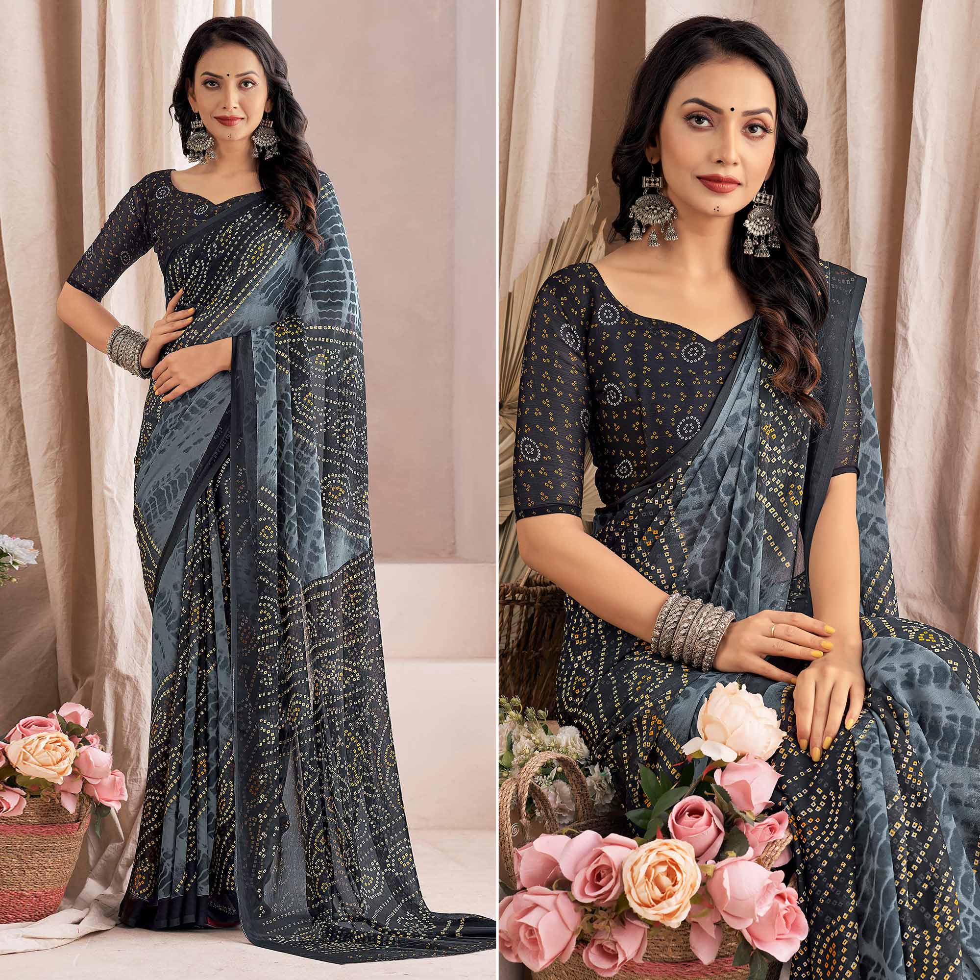 Grey Bandhani Printed Chiffon Saree