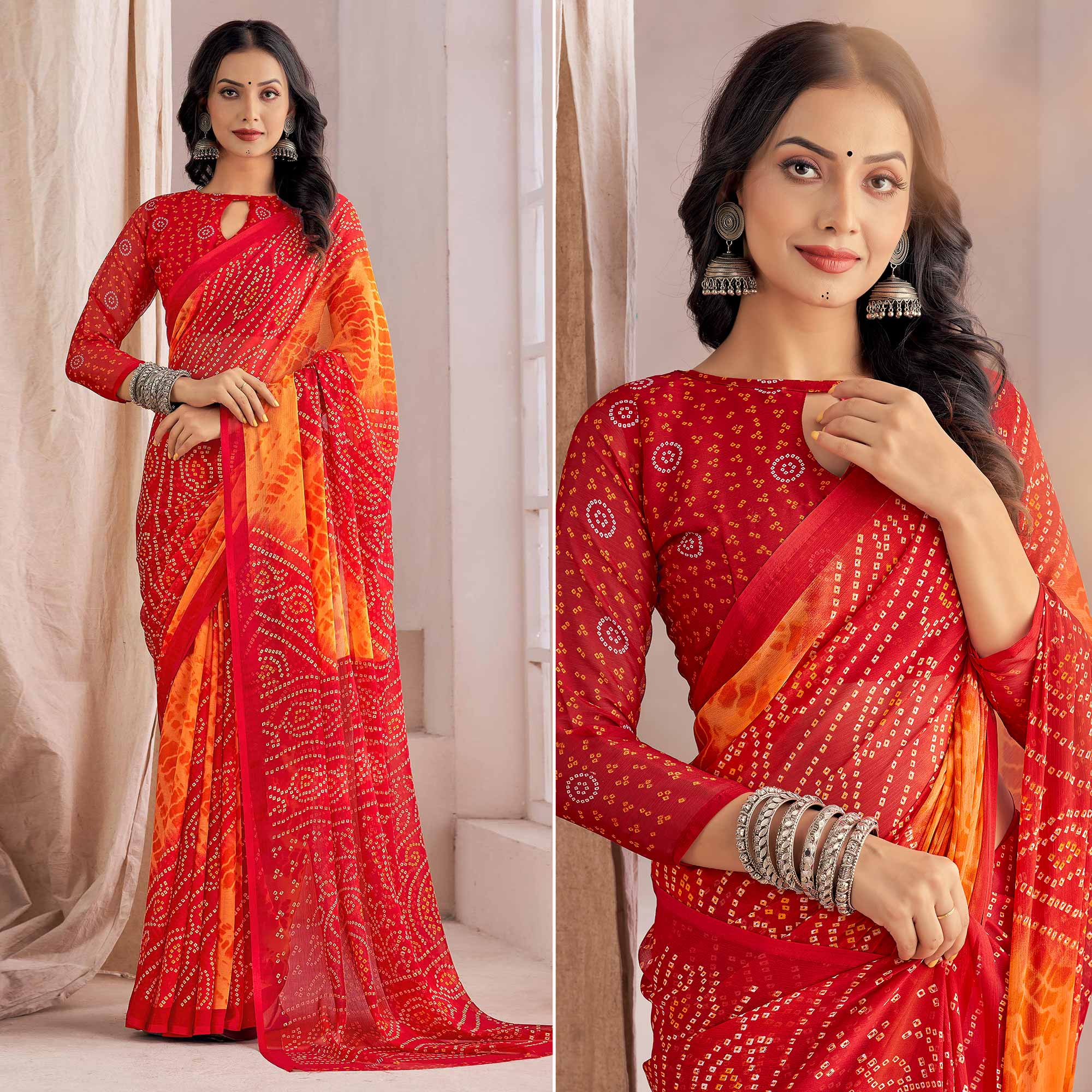 Red Bandhani Printed Chiffon Saree