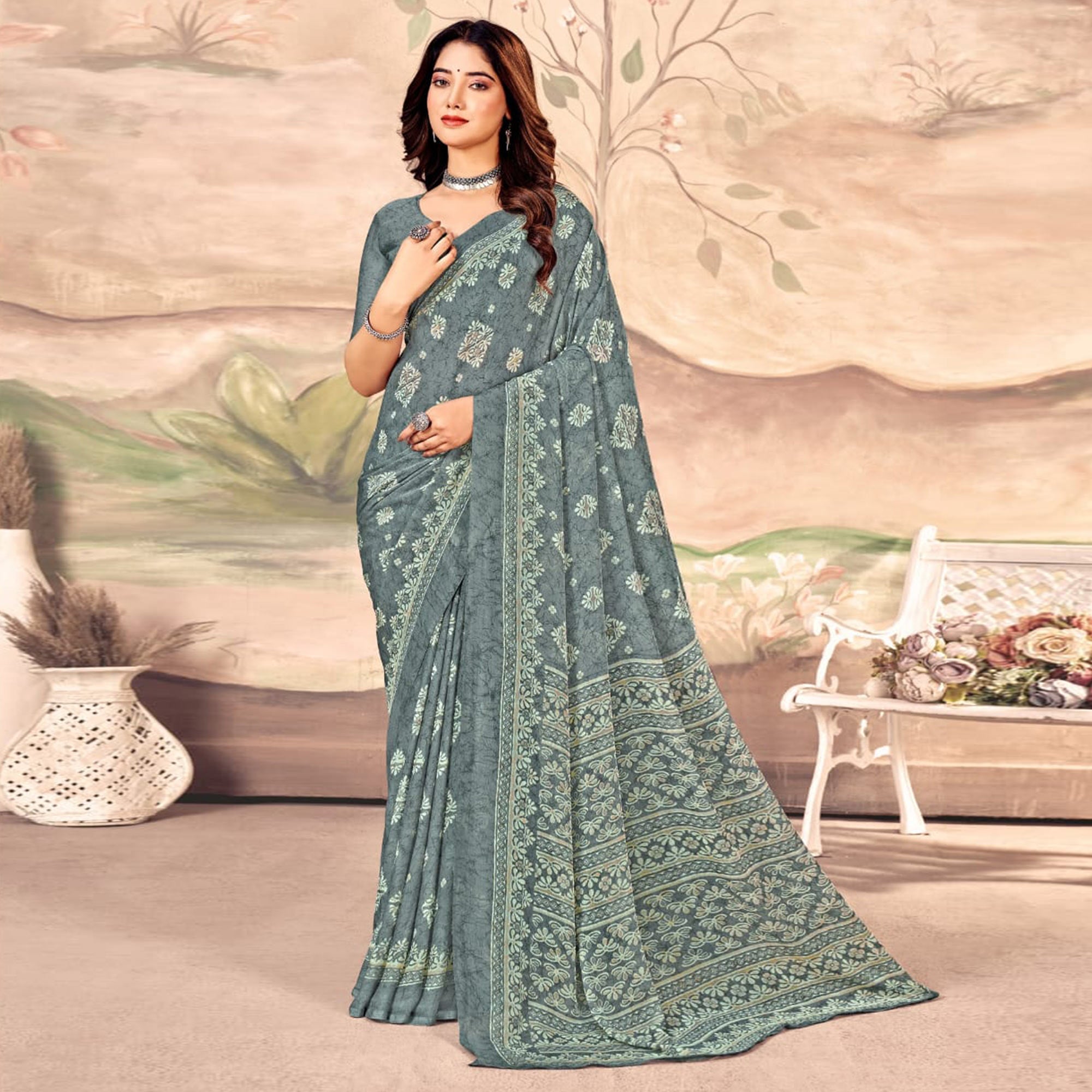 Grey Floral Printed Chiffon Saree