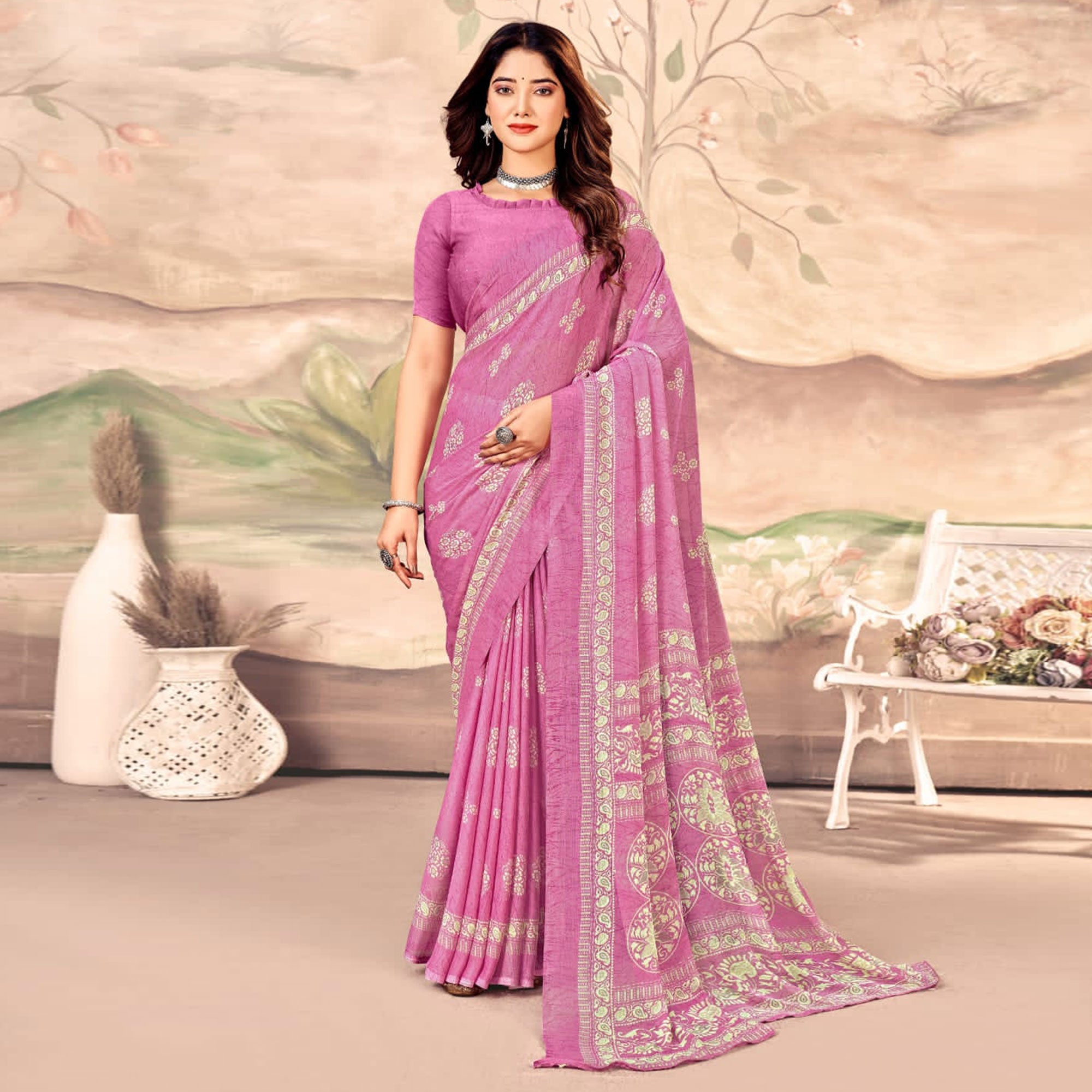 Pink Floral Printed Chiffon Saree