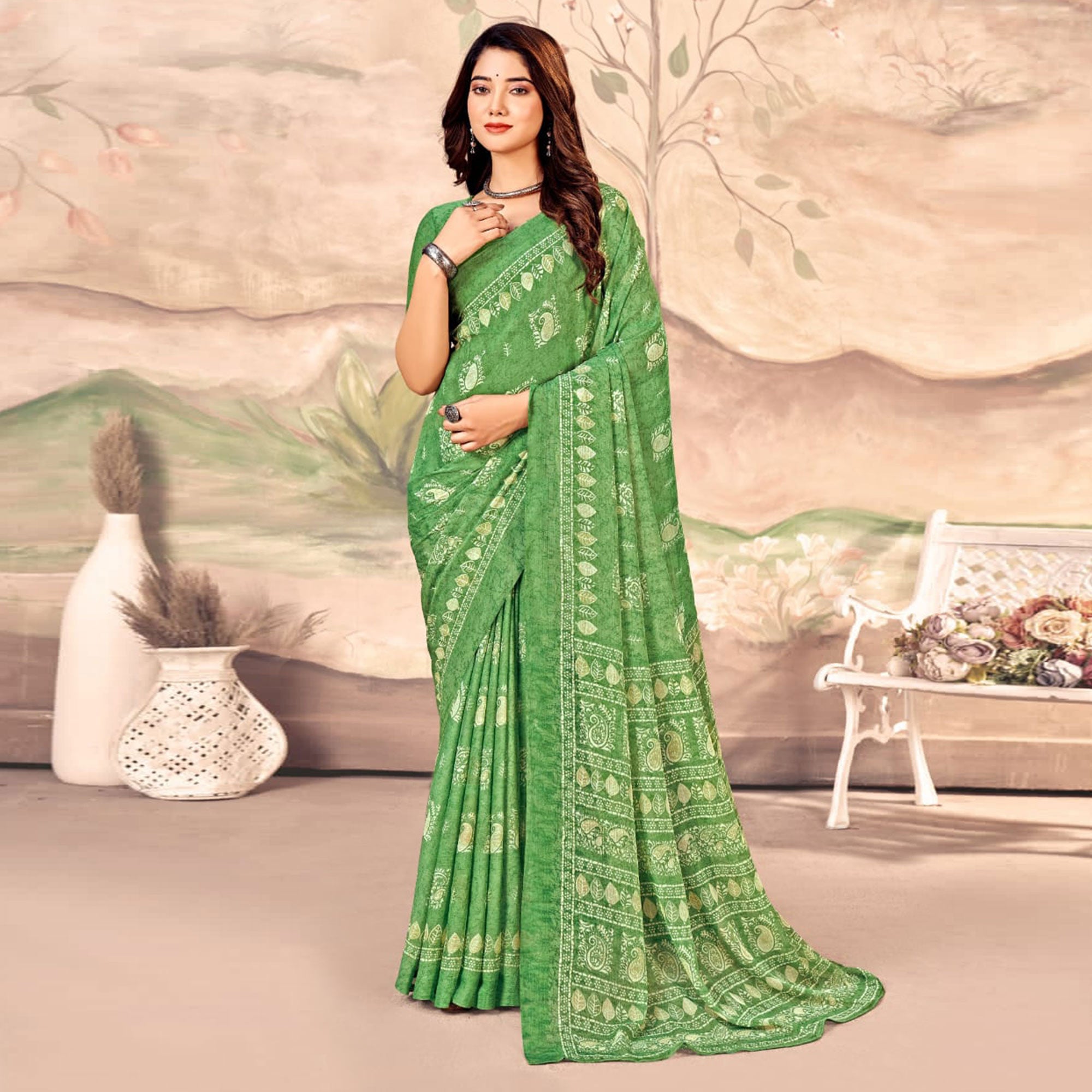 Green Floral Printed Chiffon Saree