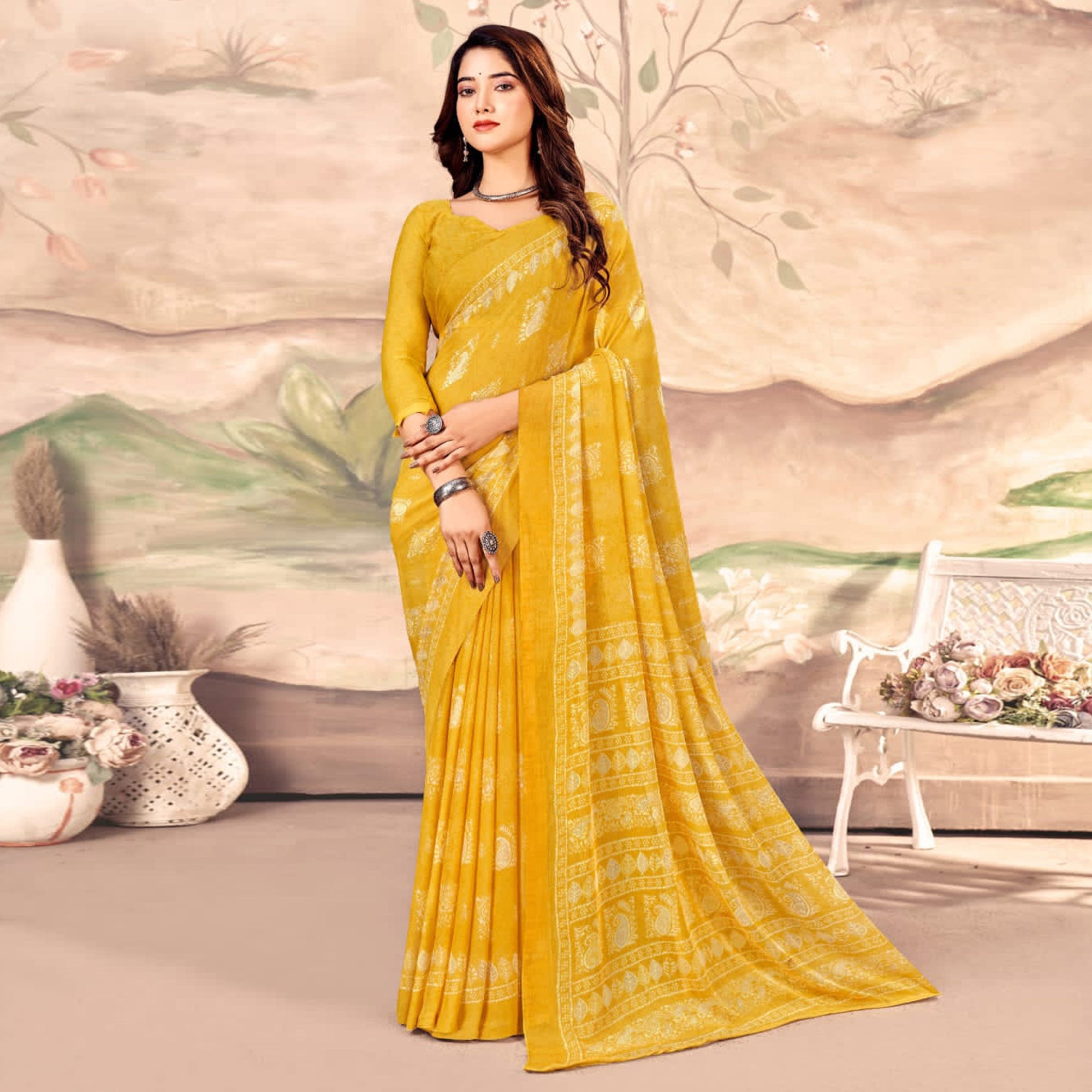 Mustard Floral Printed Chiffon Saree