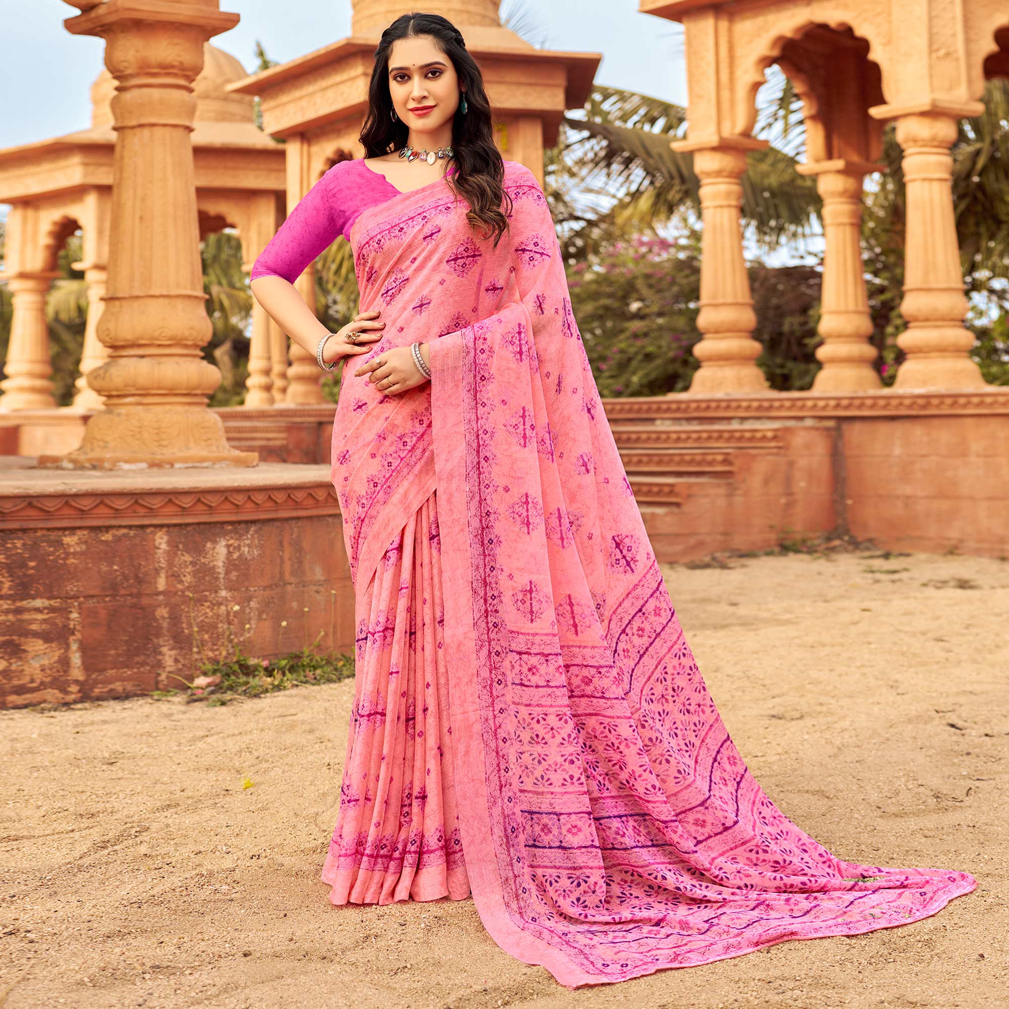 Pink Floral Printed Chiffon Saree