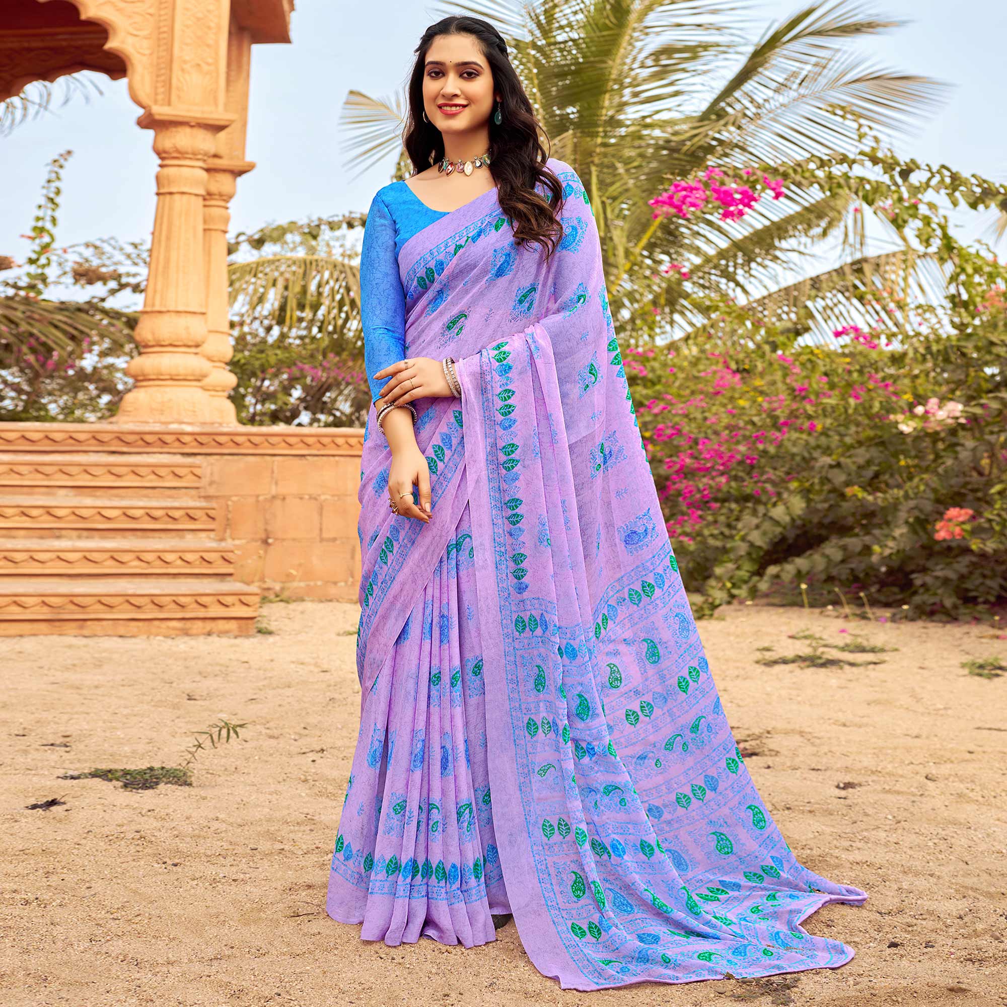 Purple Printed Chiffon Saree
