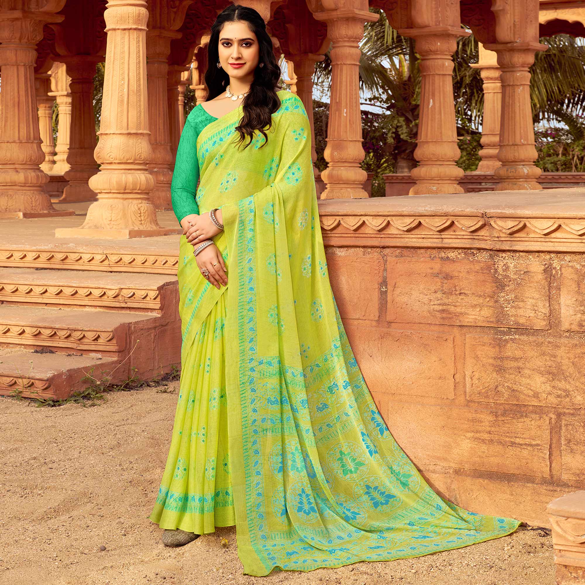 Lemon Green Floral Printed Chiffon Saree