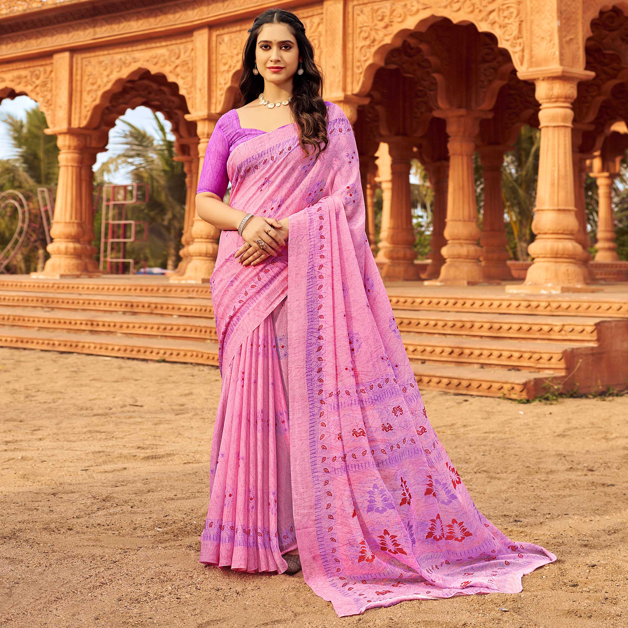 Pink Floral Printed Chiffon Saree