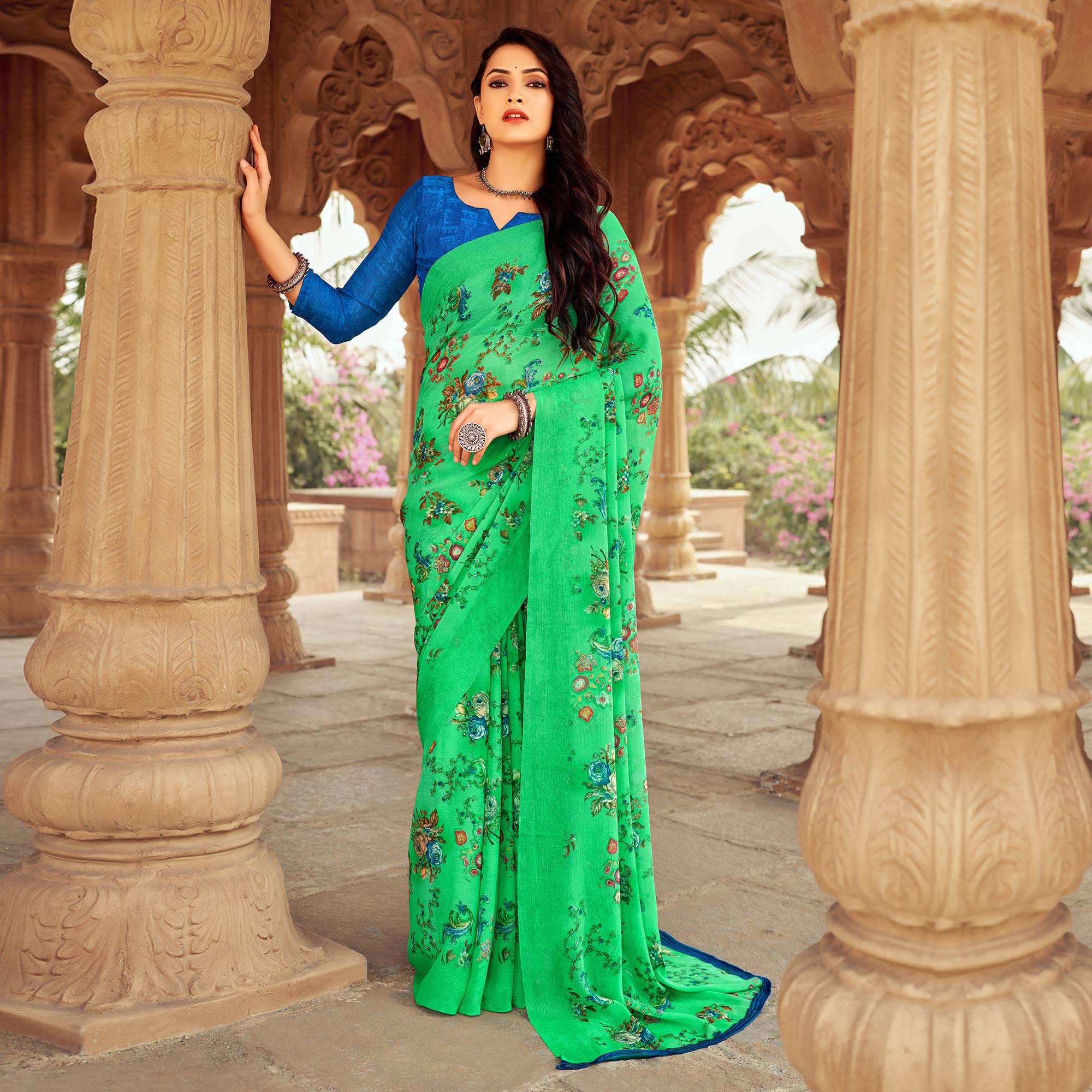 Green Floral Printed Chiffon Saree