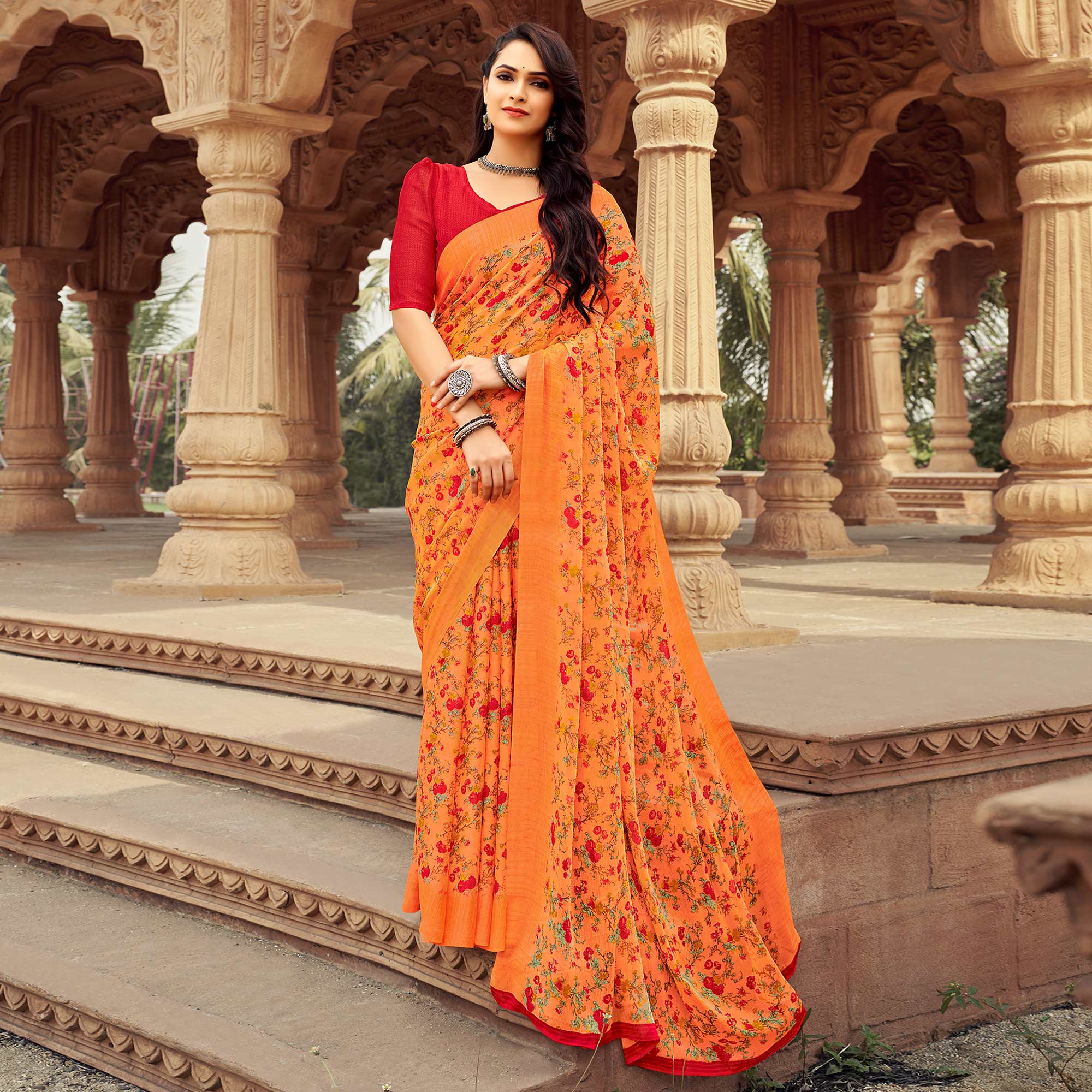 Orange Floral Printed Chiffon Saree