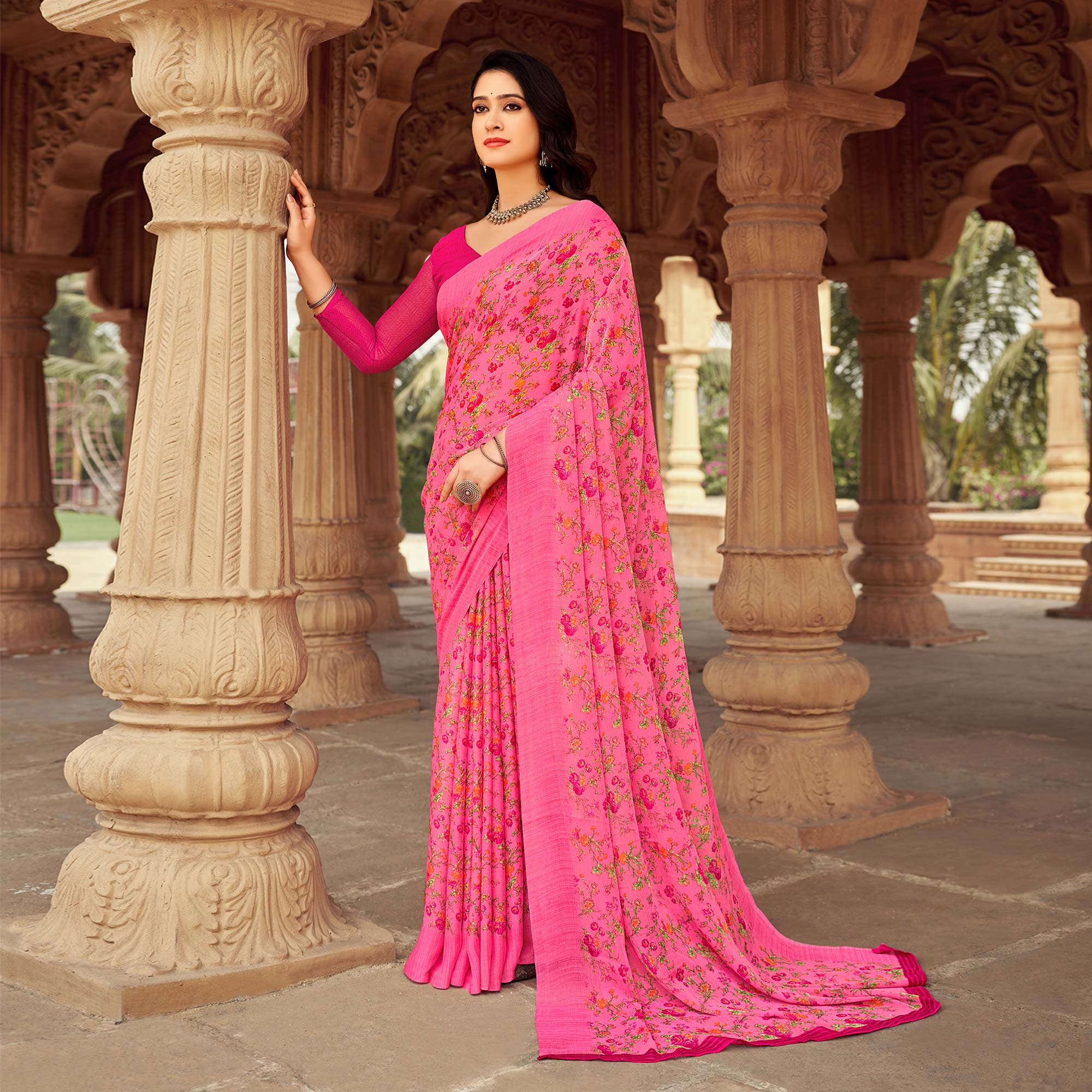 Pink Floral Printed Chiffon Saree