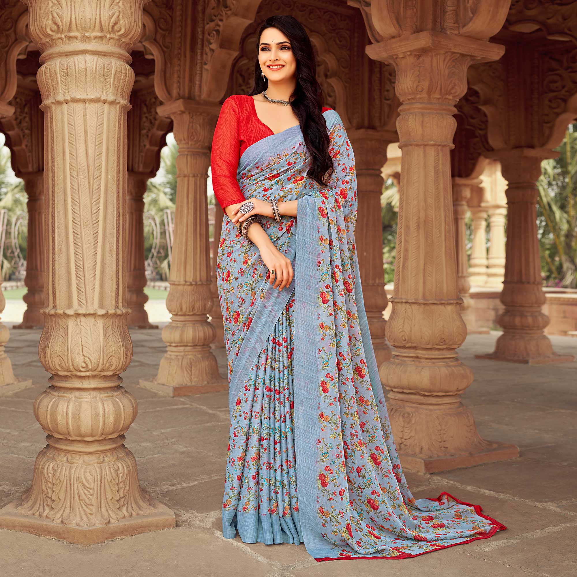 Grey Floral Printed Chiffon Saree