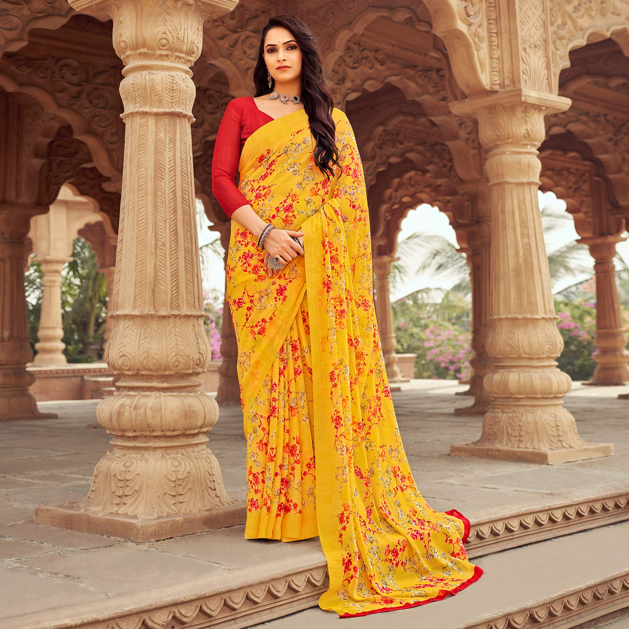 Yellow Floral Printed Chiffon Saree