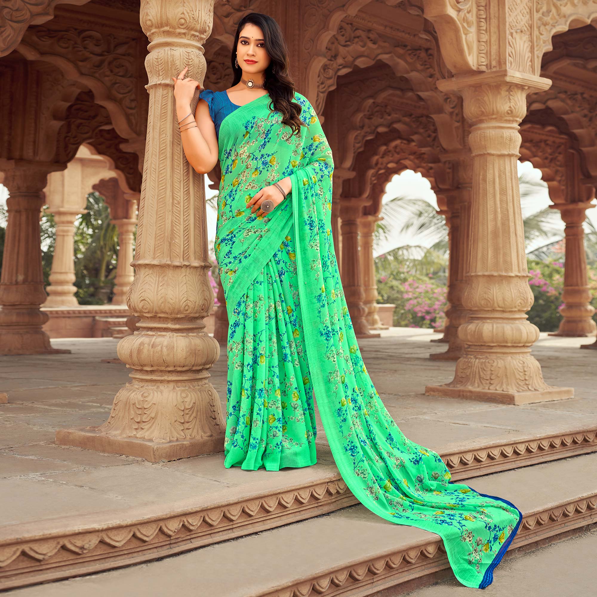 Mint Green Floral Printed Chiffon Saree