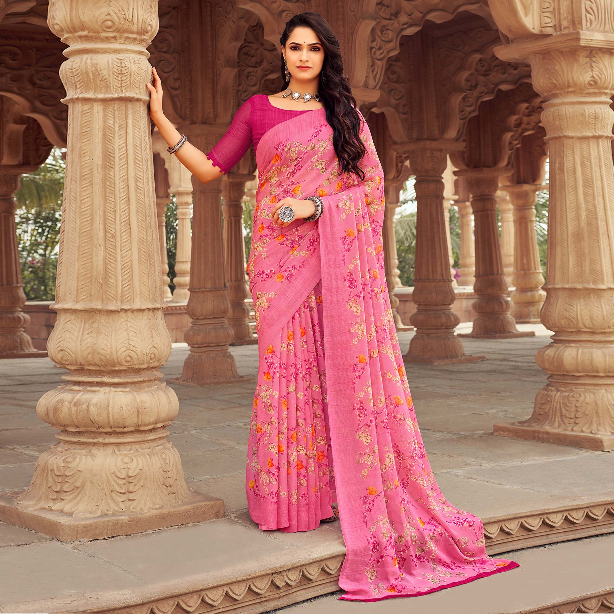 Pink Floral Printed Chiffon Saree