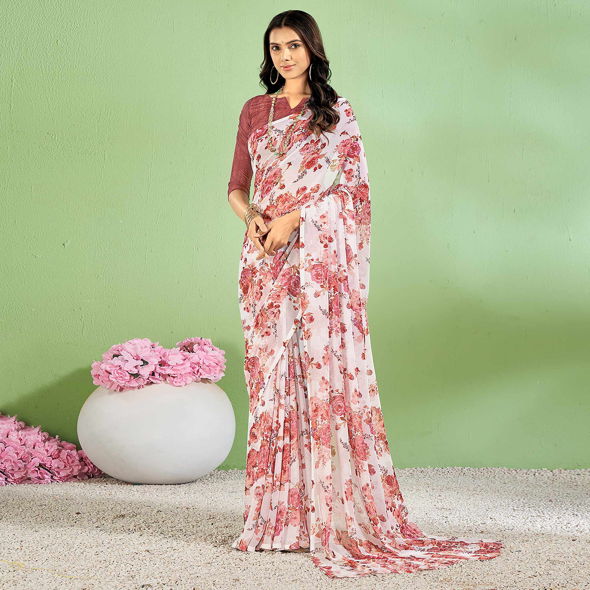 Brick Red Floral Printed Chiffon Saree