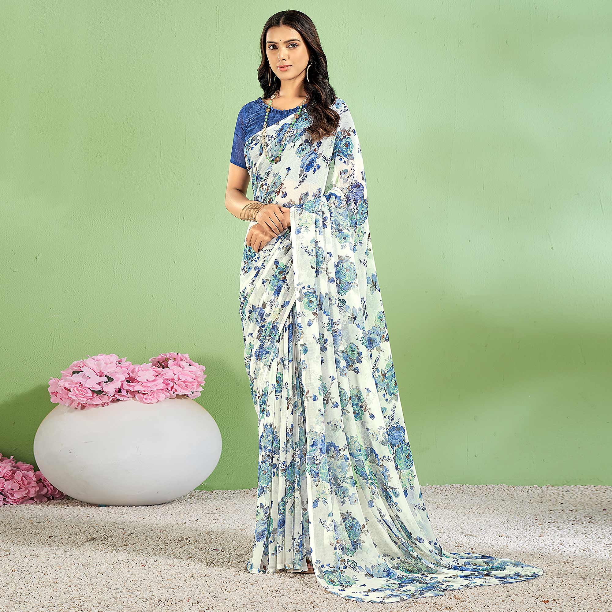 Blue Floral Printed Chiffon Saree