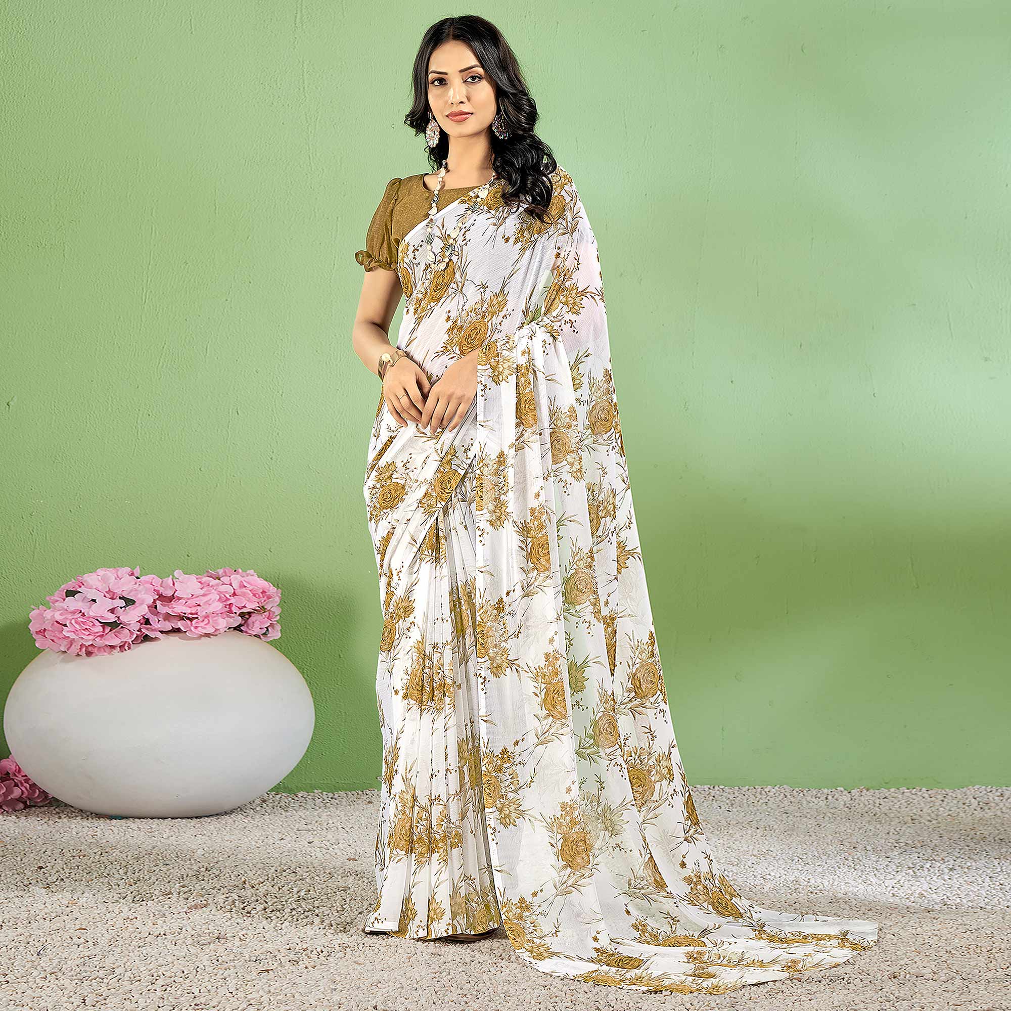 Olive Green Floral Printed Chiffon Saree