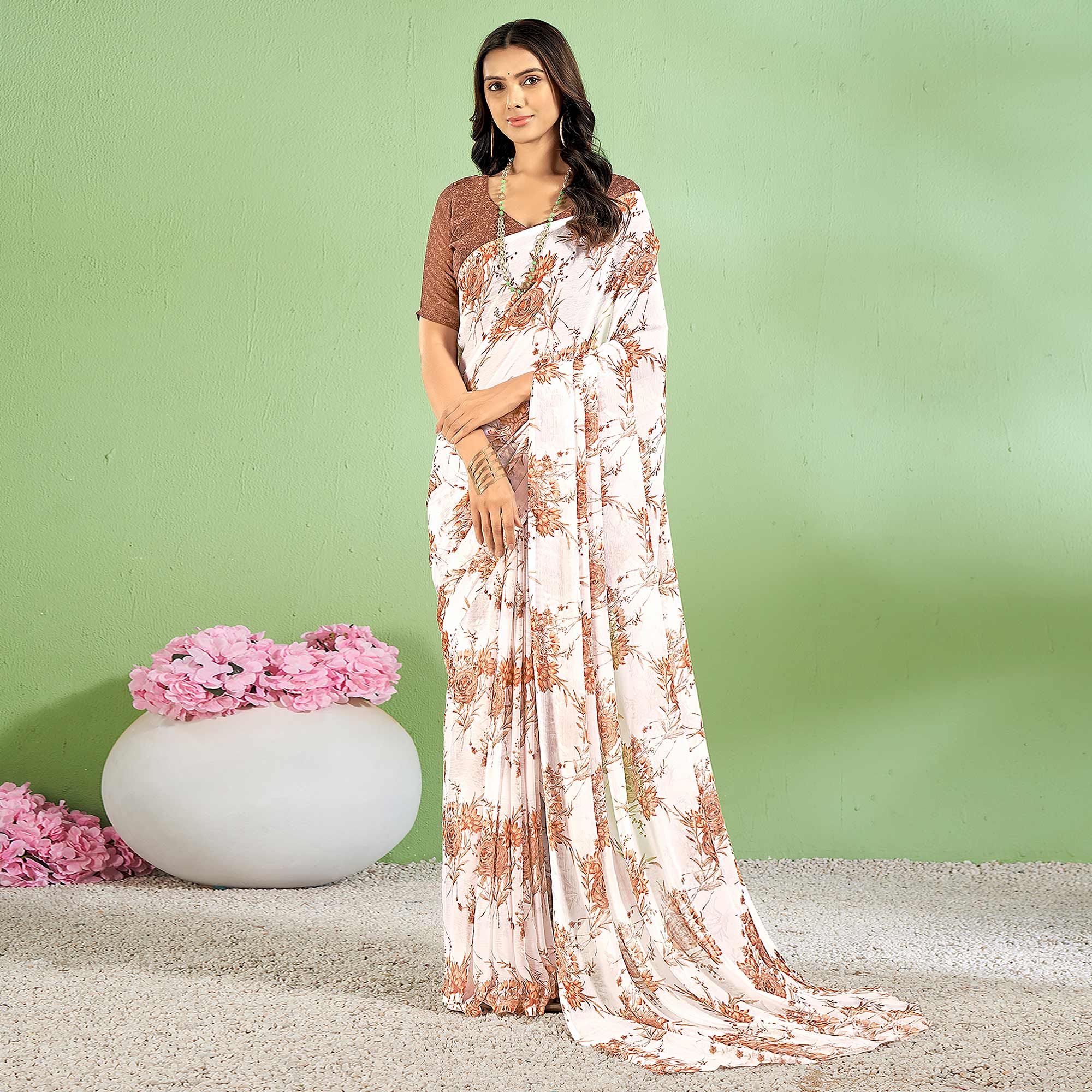 Brown Floral Printed Chiffon Saree