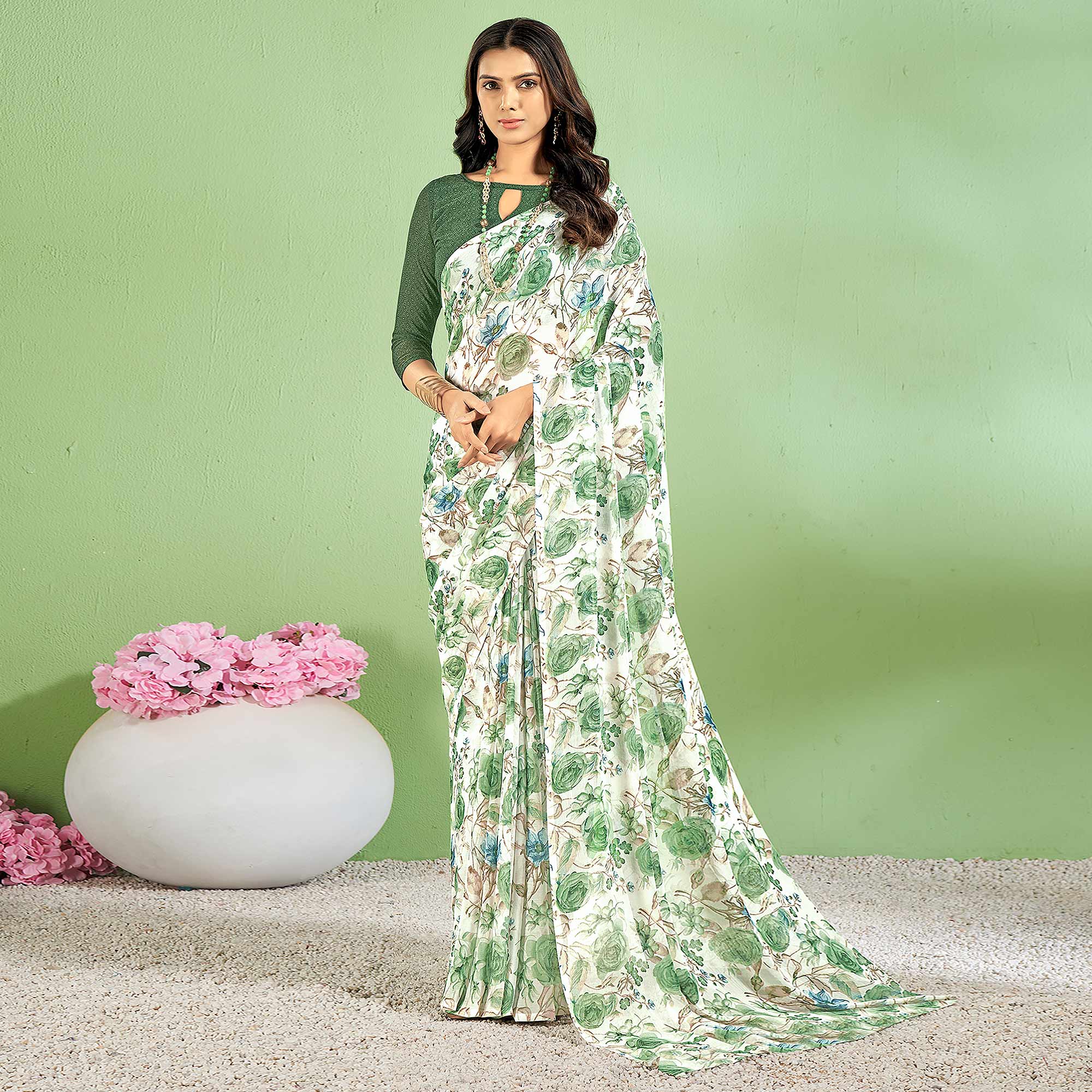 Green Floral Printed Chiffon Saree