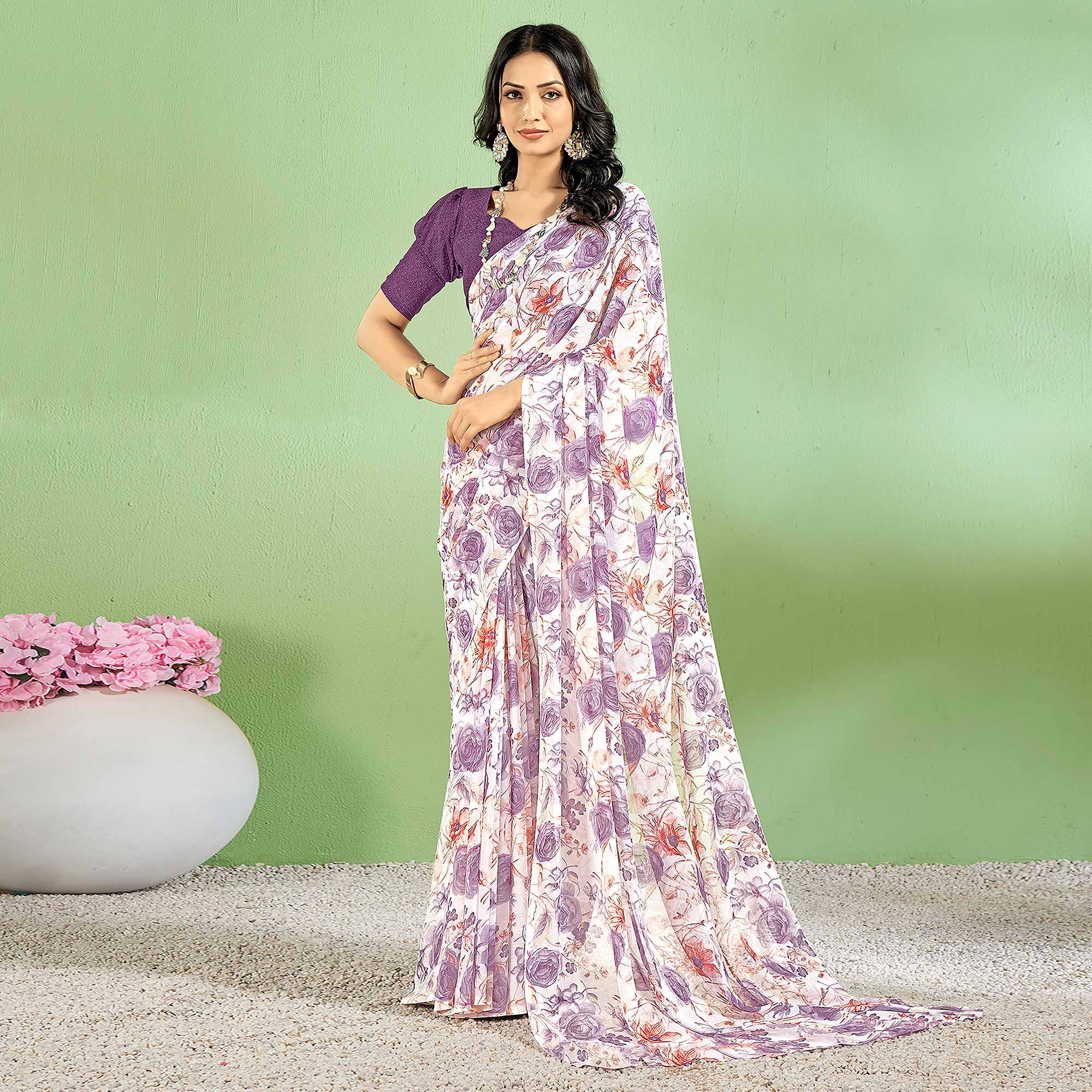 Purple Floral Printed Chiffon Saree