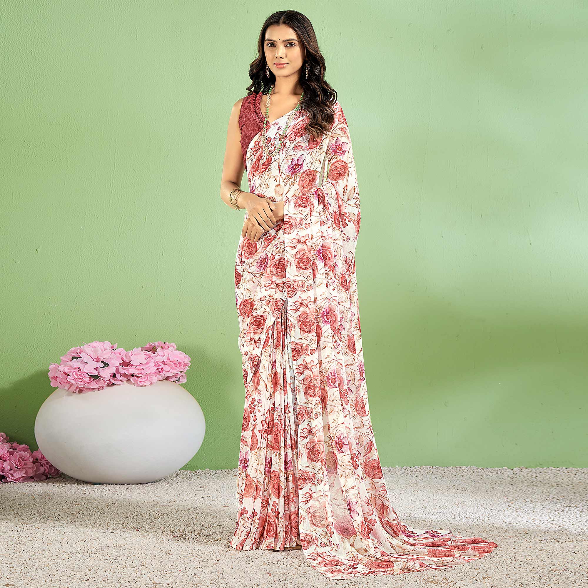 Brick Red Floral Printed Chiffon Saree