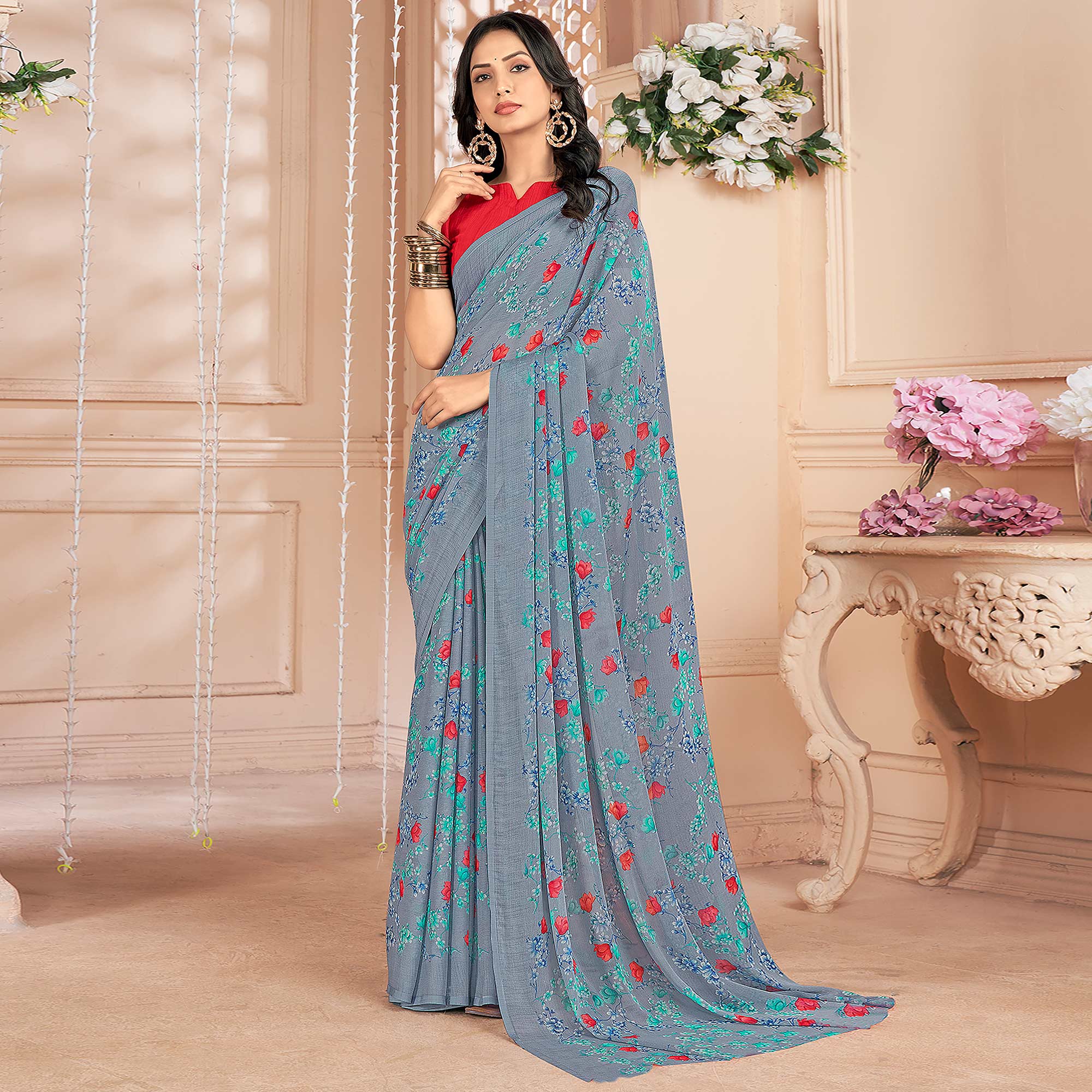 Bluish Grey Floral Printed Chiffon Saree