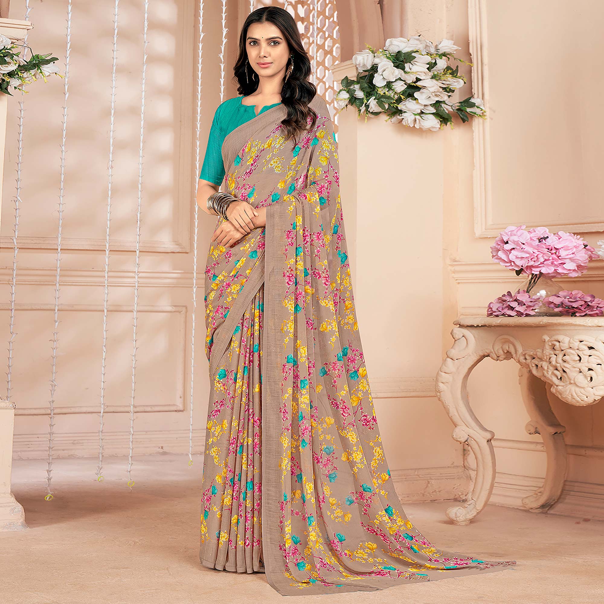 Beige Floral Printed Chiffon Saree