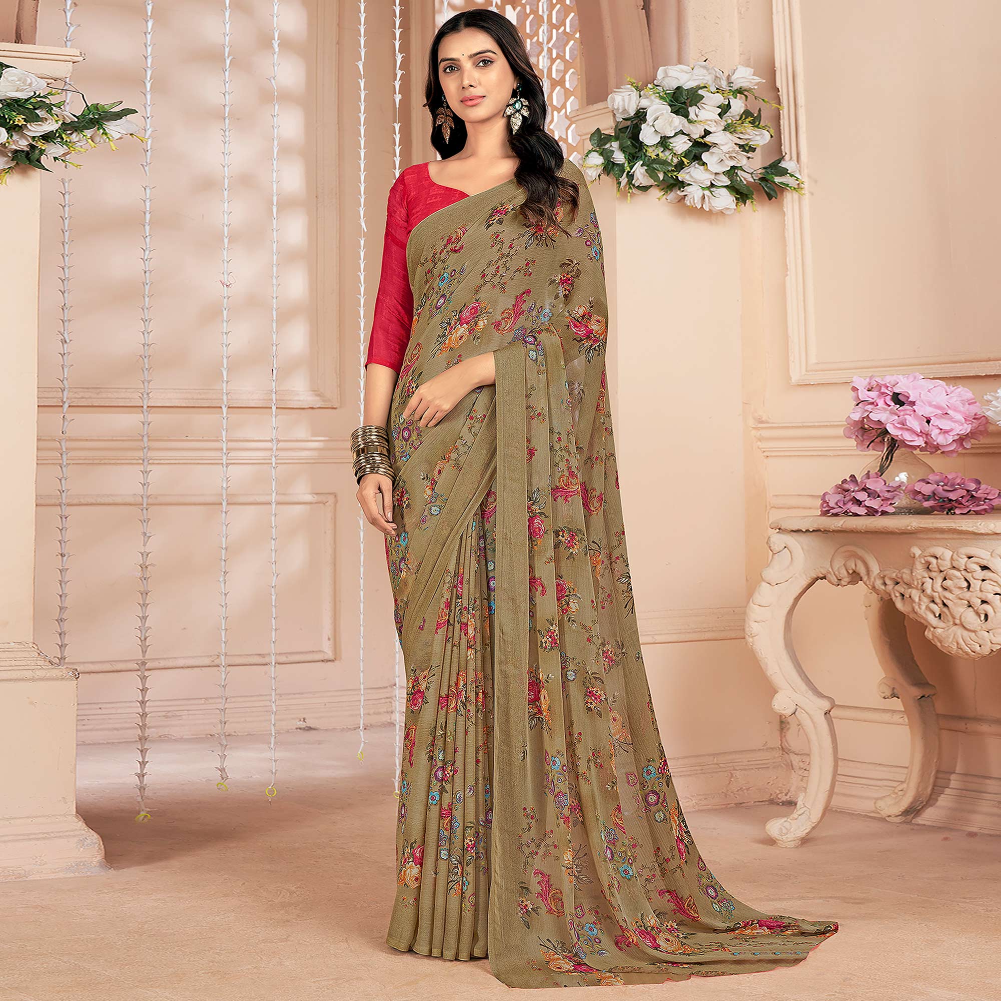 Chikoo Floral Printed Chiffon Saree