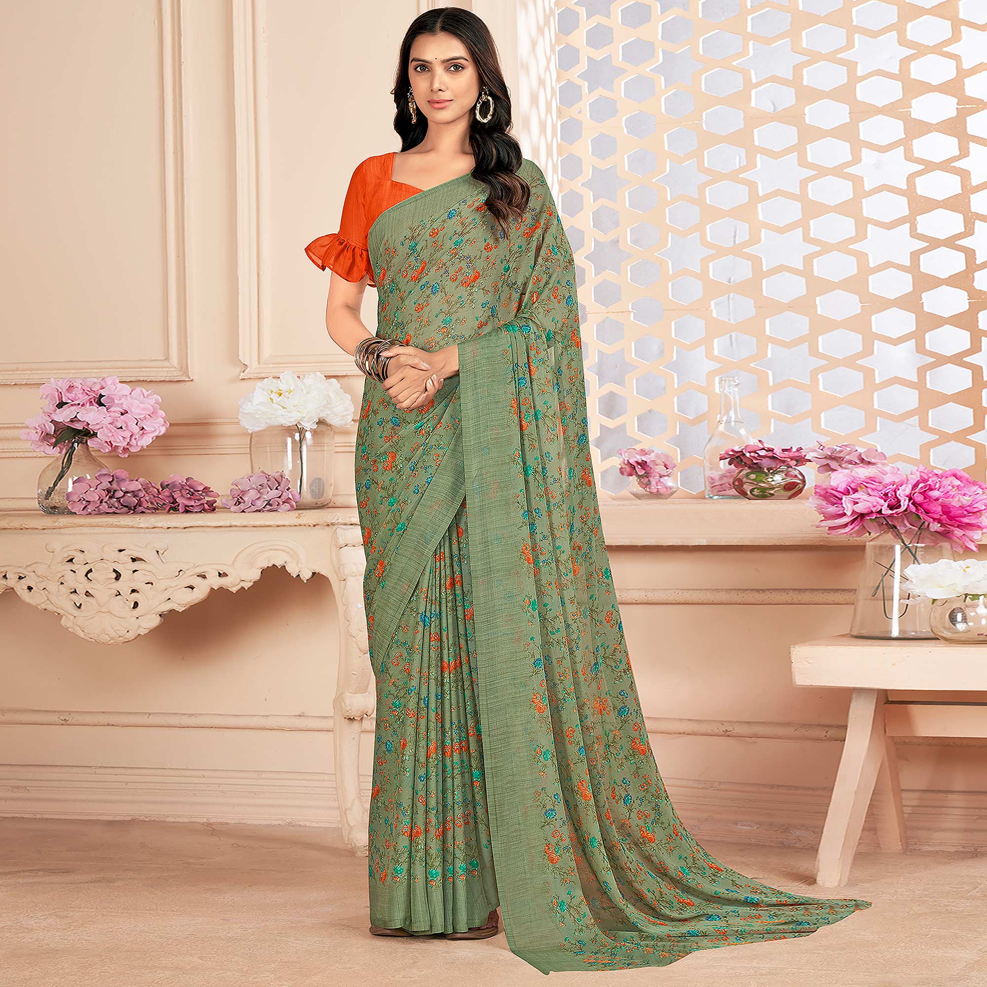 Green Floral Printed Chiffon Saree