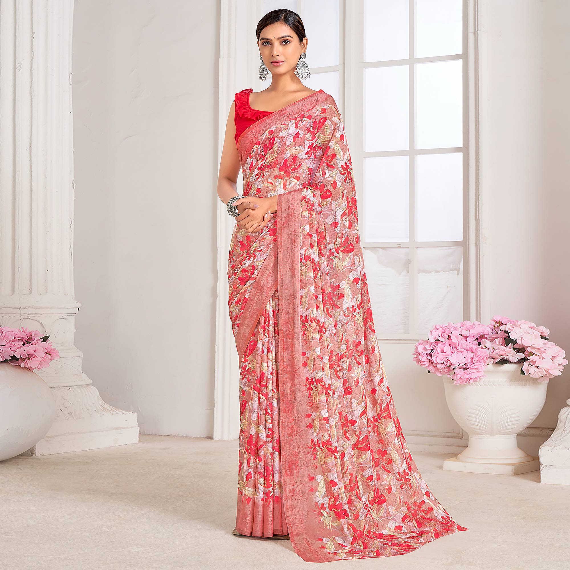 Red Floral Printed Chiffon Saree