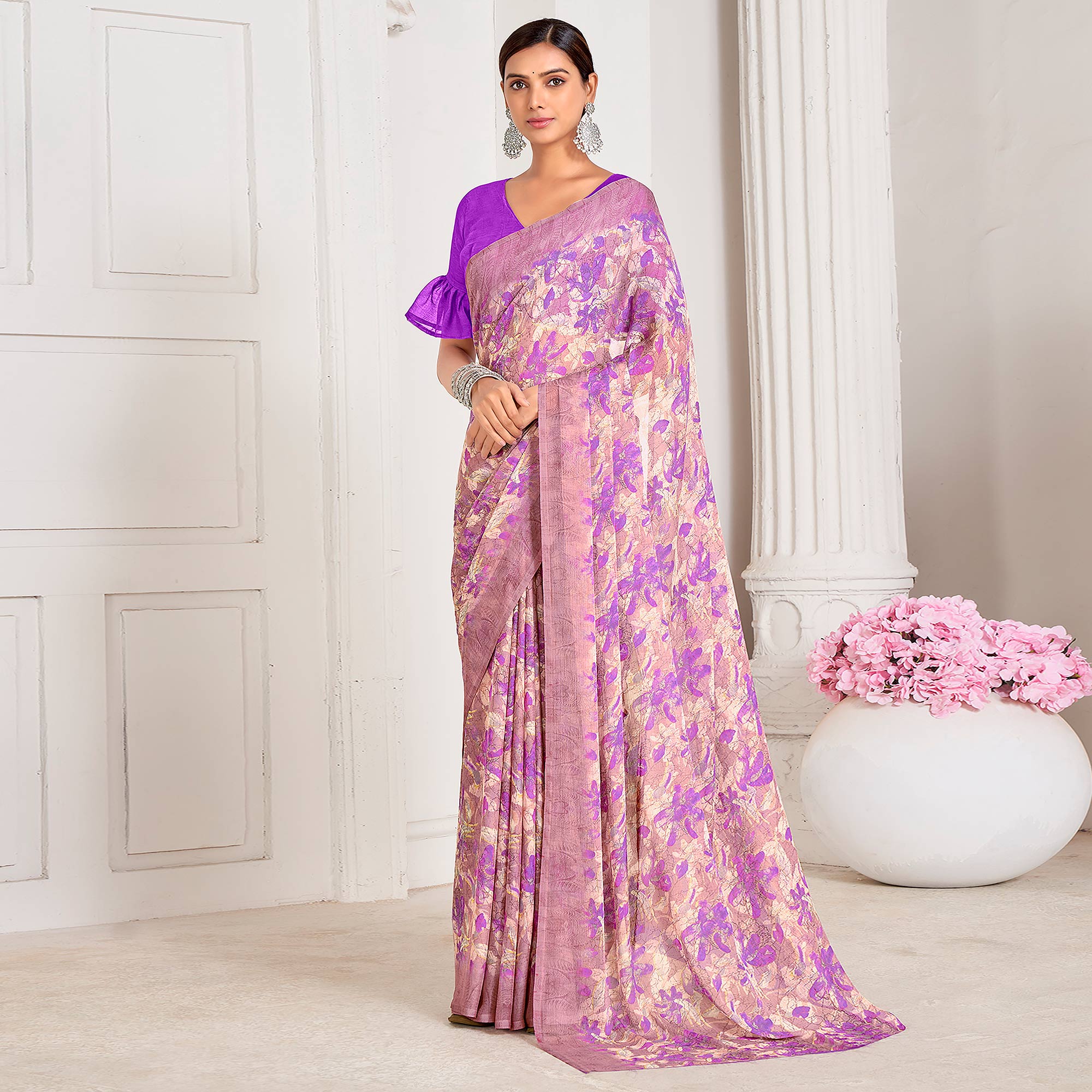 Purple Floral Printed Chiffon Saree