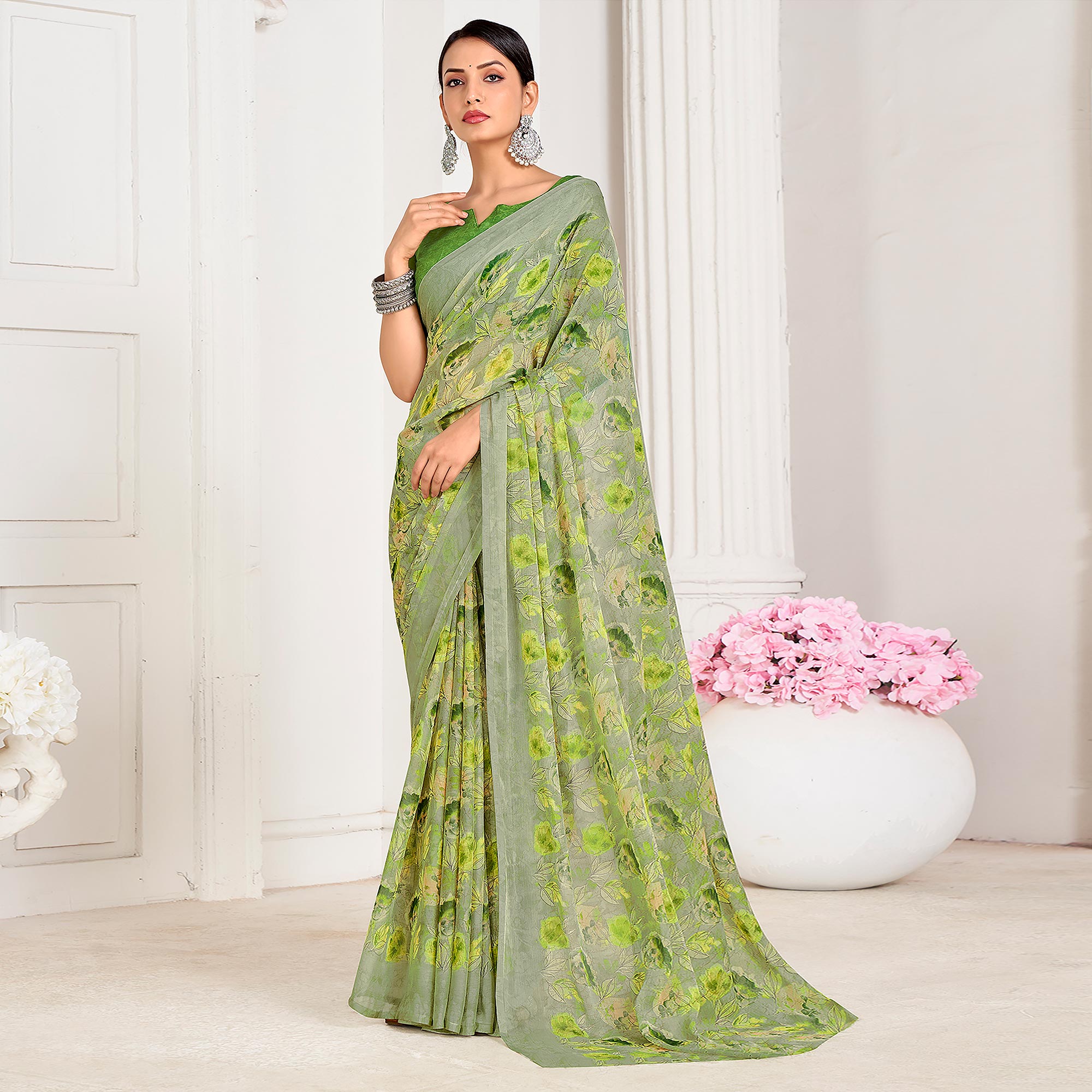 Green Floral Printed Chiffon Saree