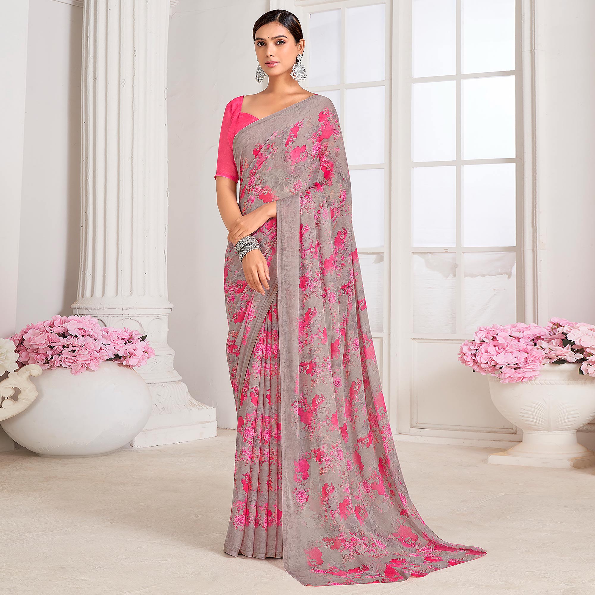 Grey & Pink Floral Printed Chiffon Saree