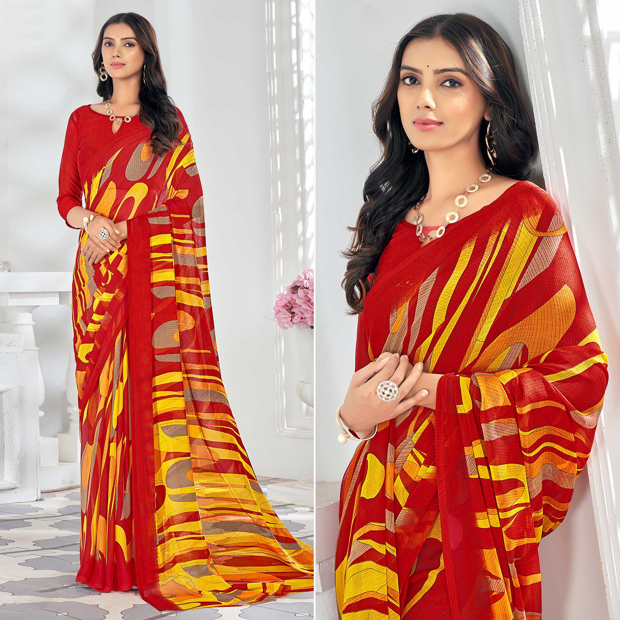 Red Printed Chiffon Saree