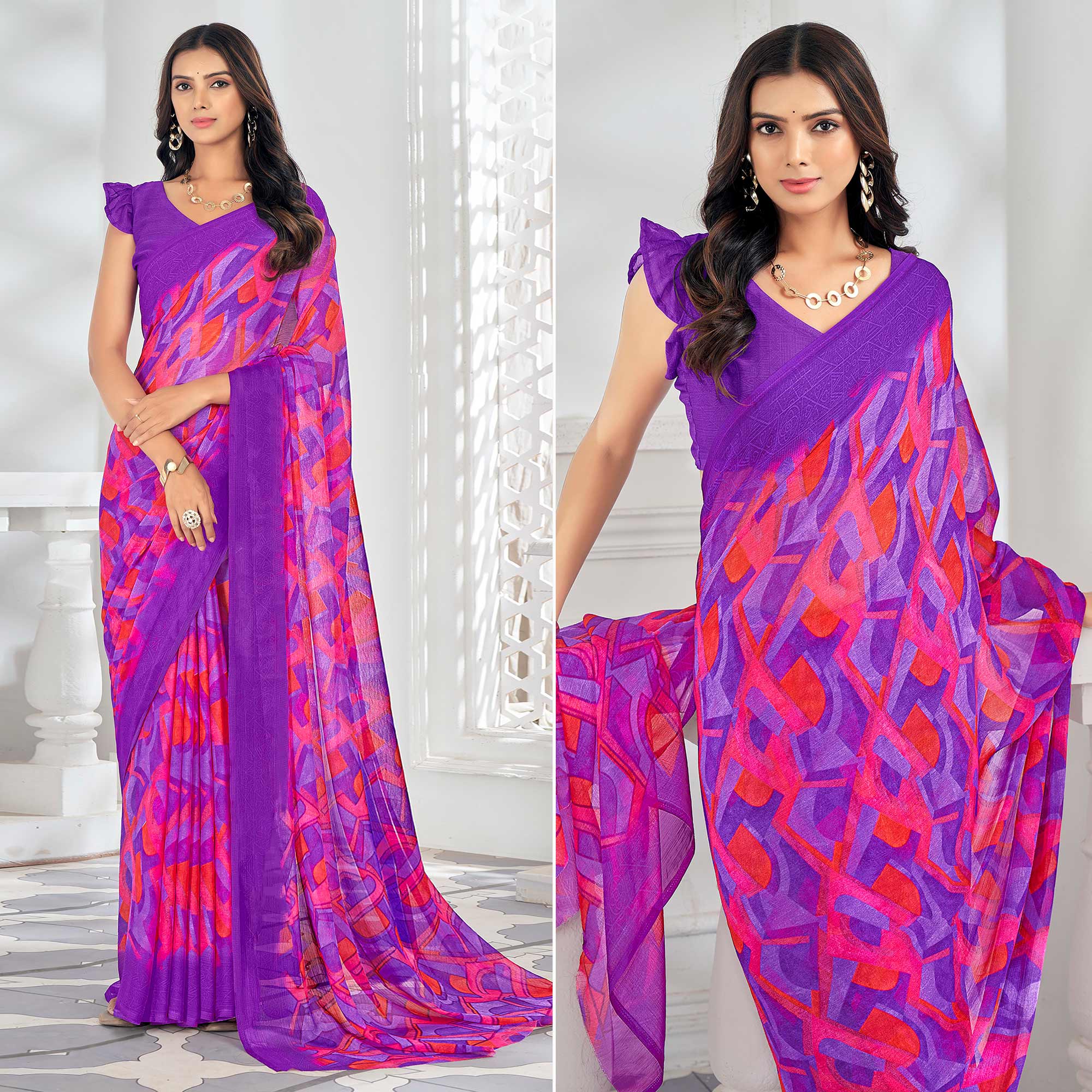Purple Printed Chiffon Saree