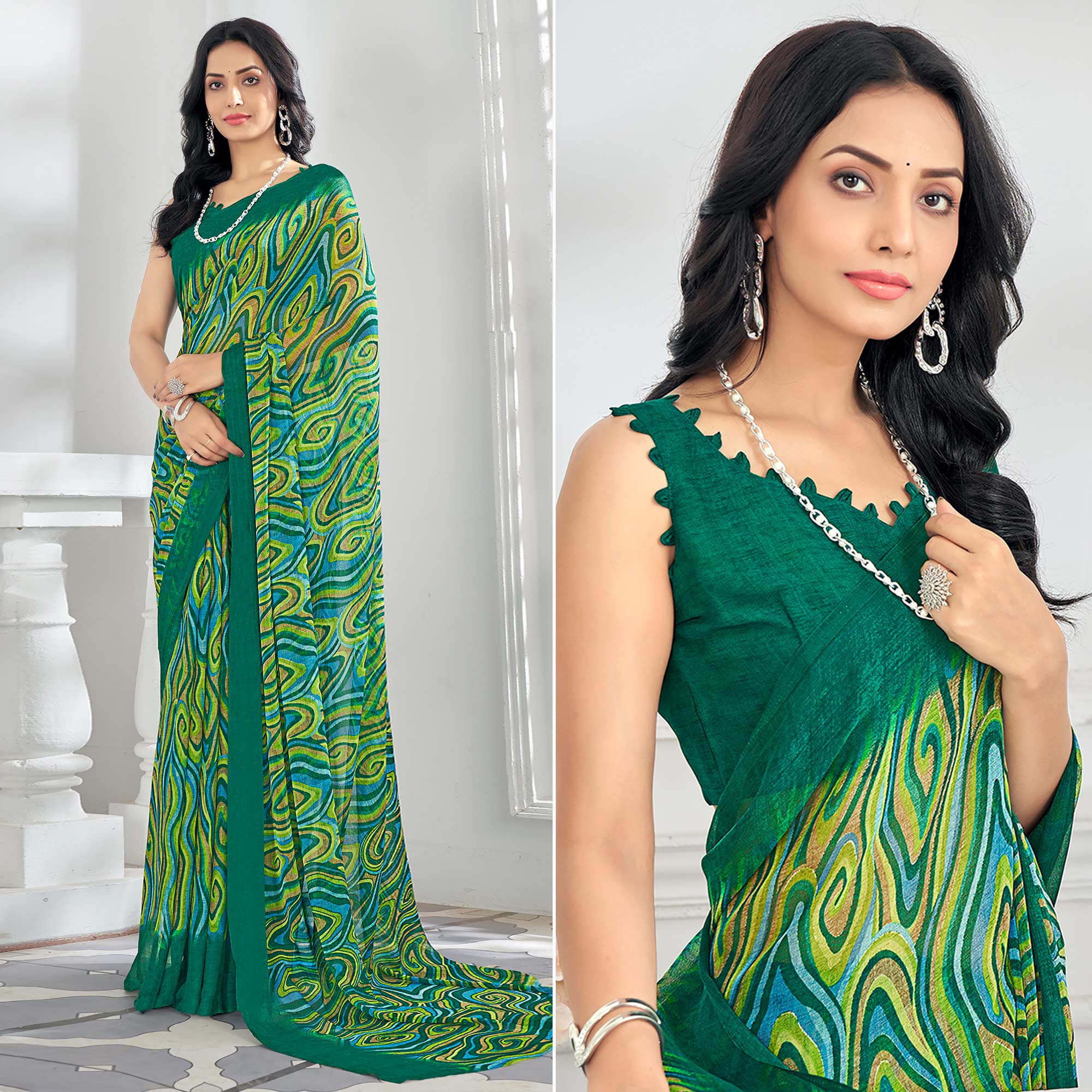 Green Printed Chiffon Saree