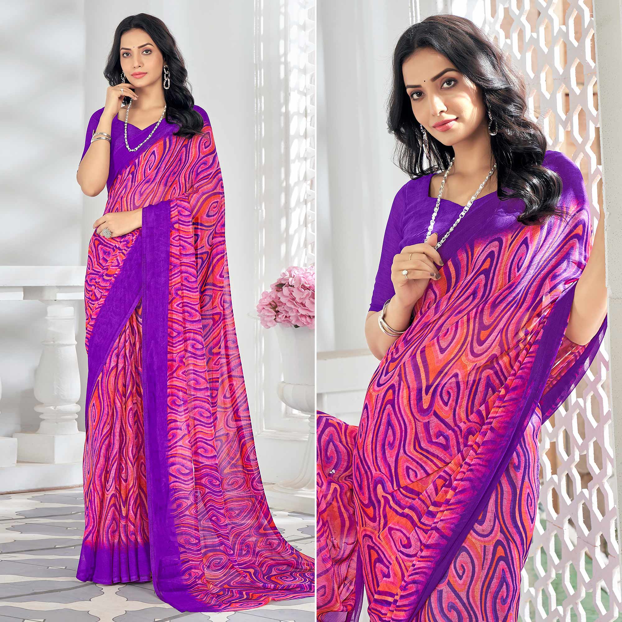 Pink & Purple Printed Chiffon Saree