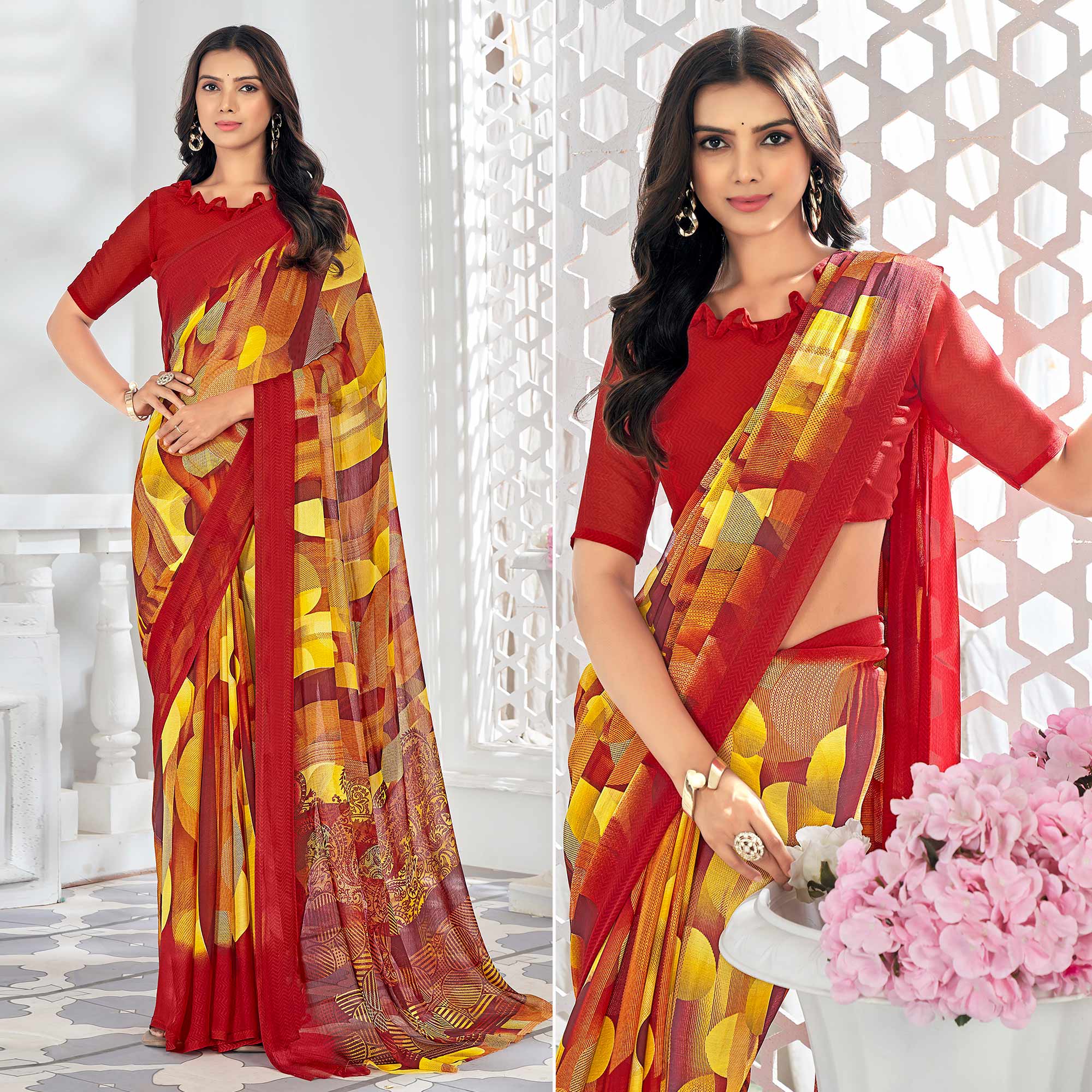 Red & Yellow Printed Chiffon Saree