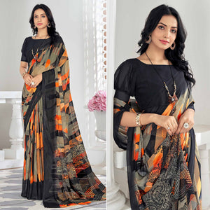 Black & Orange Printed Chiffon Saree