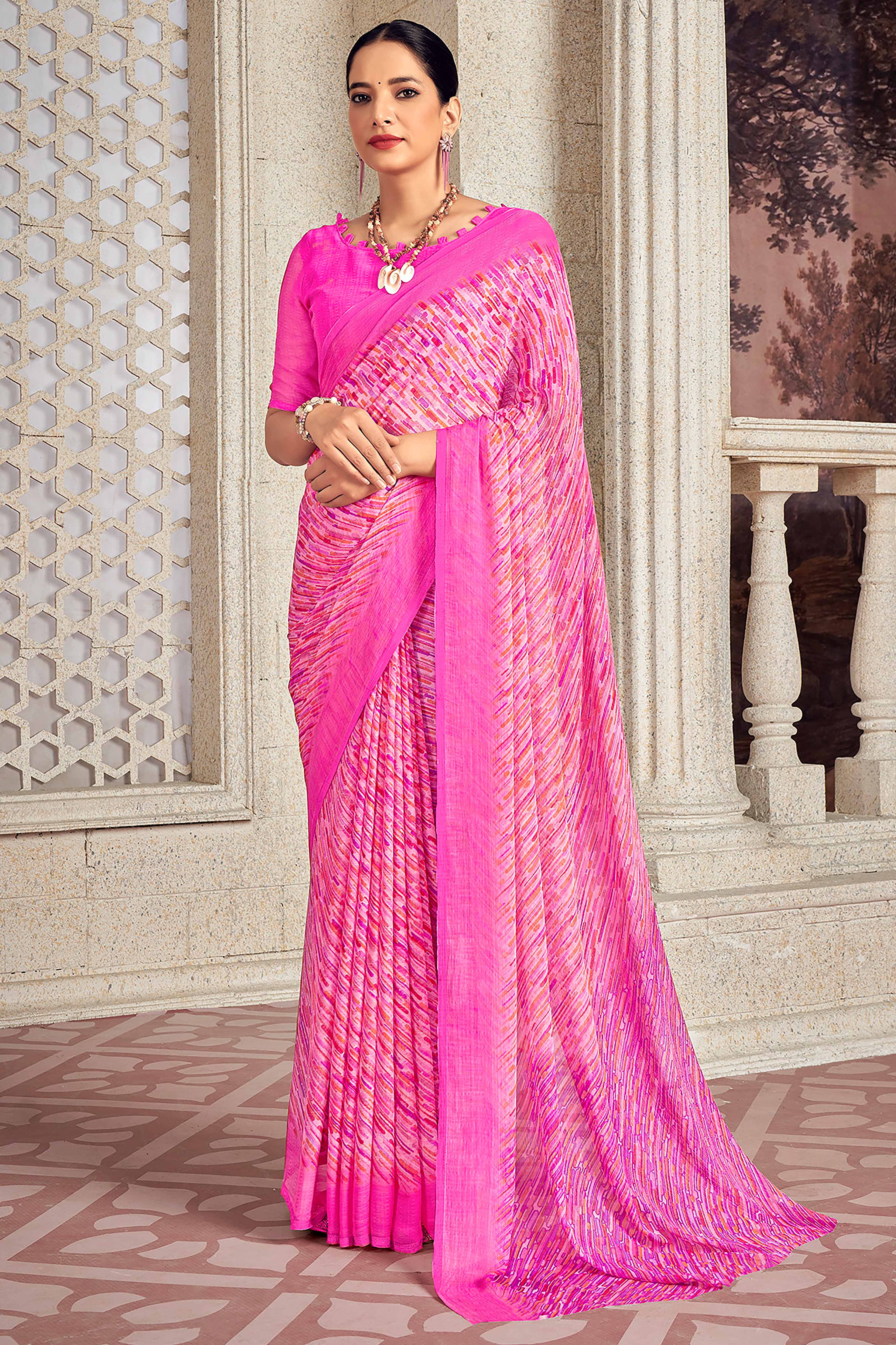 Graceful Pink Chiffon Saree With Elegant Print