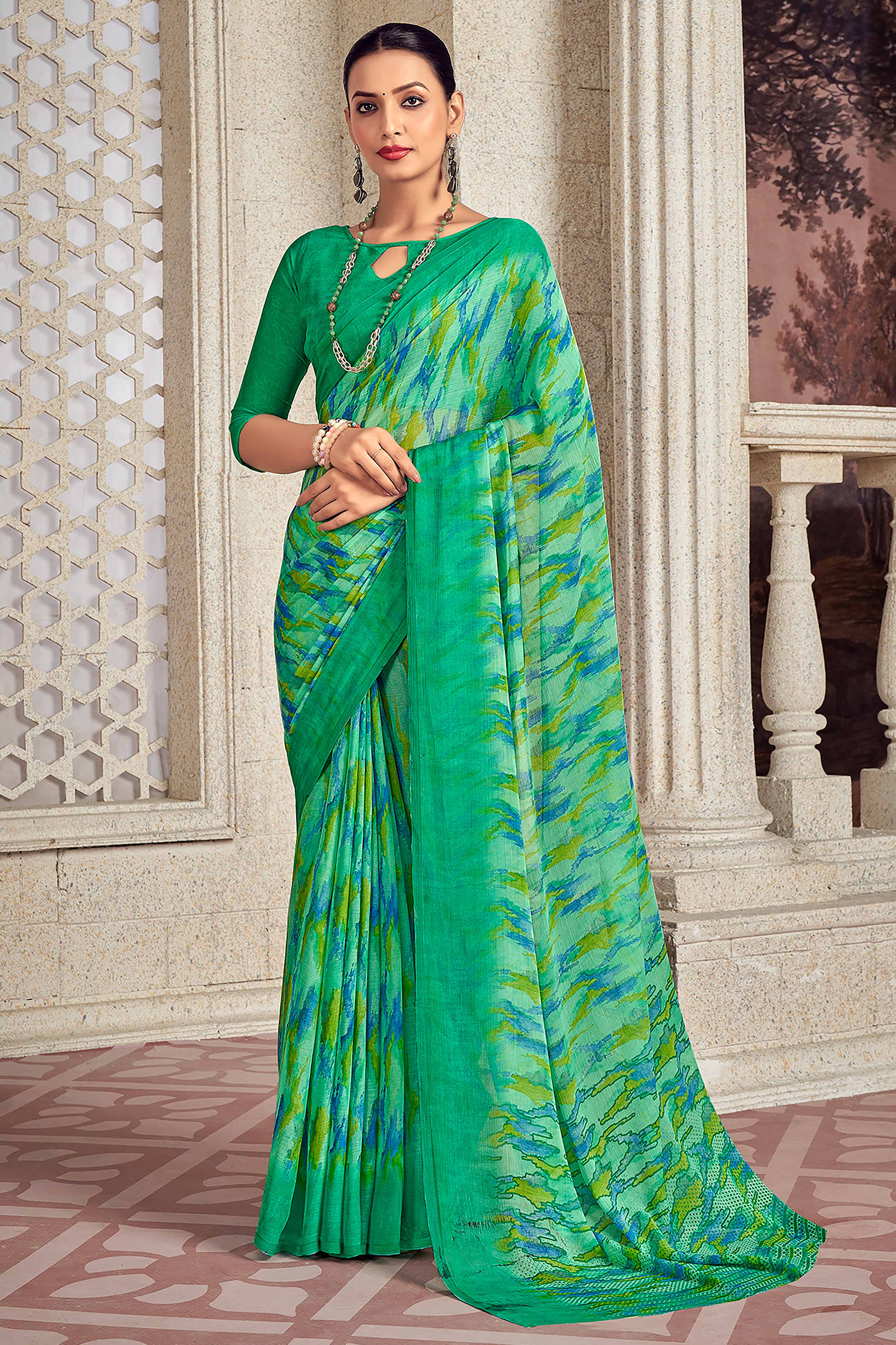 Refreshing Green Chiffon Saree With Modern Abstract Print
