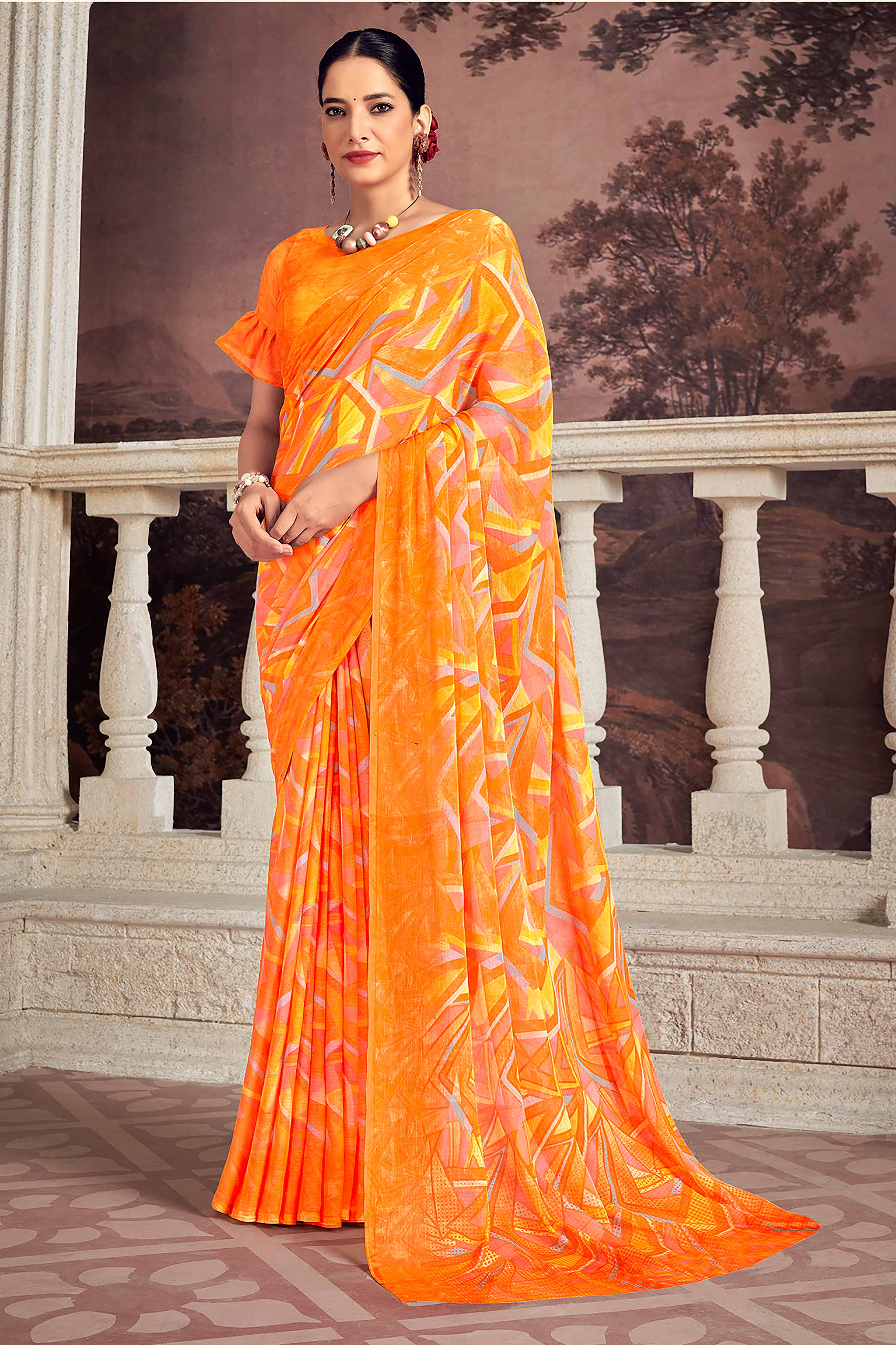 Refreshing Orange Chiffon Saree With Contemporary Geometric Print