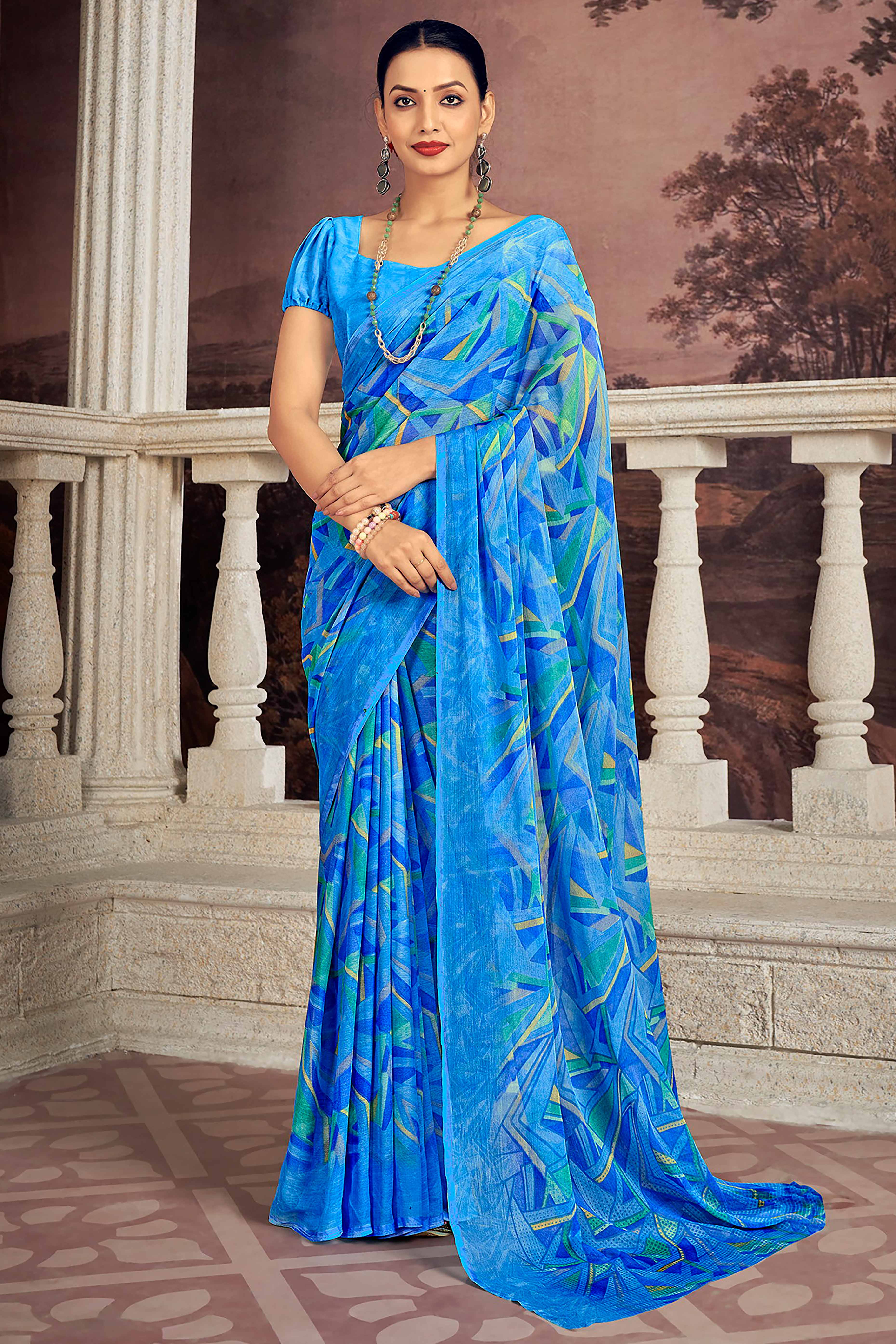 Vibrant Blue Chiffon Saree With Modern Geometric Print