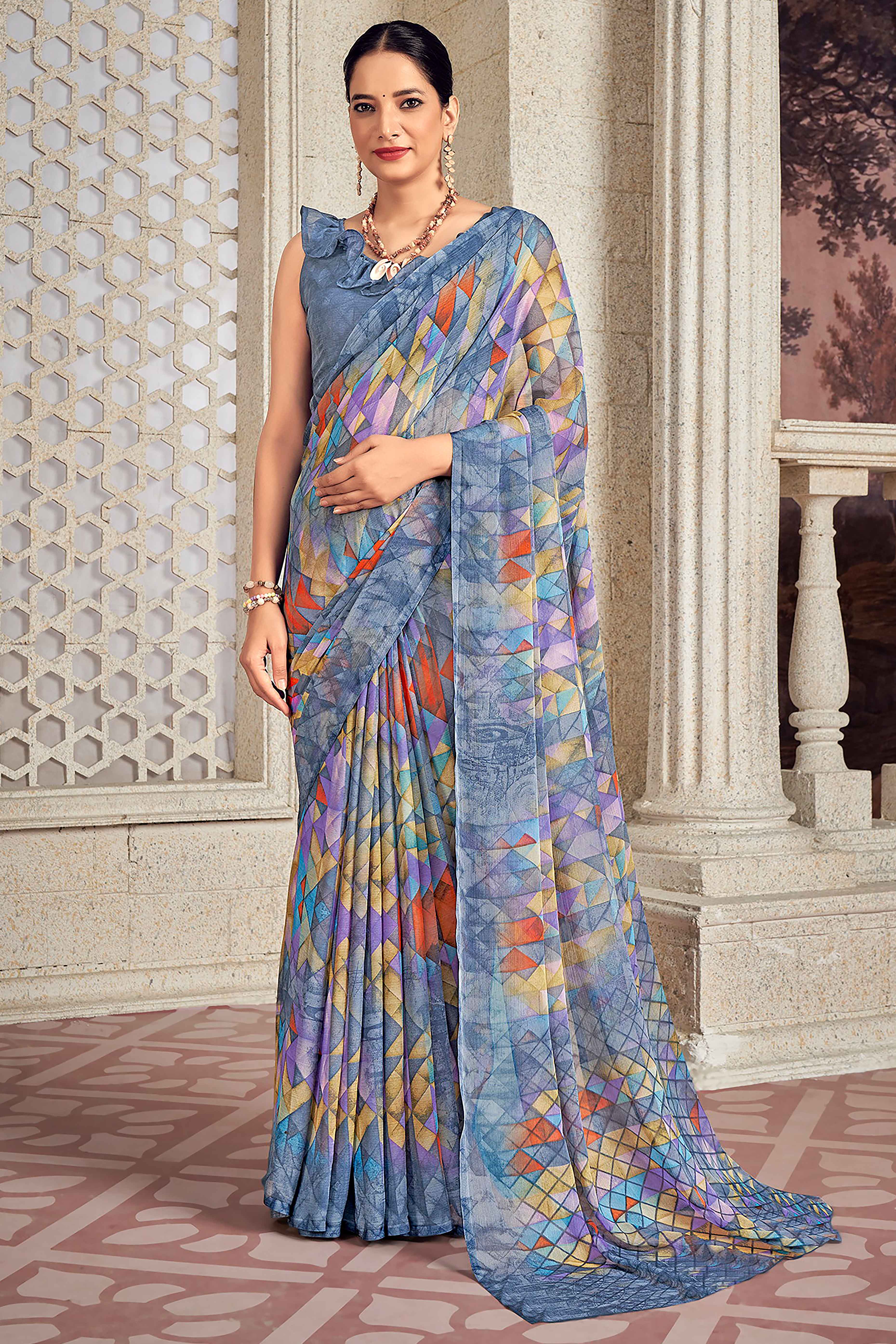 Elegant Grey Chiffon Saree With Contemporary Geometric Print