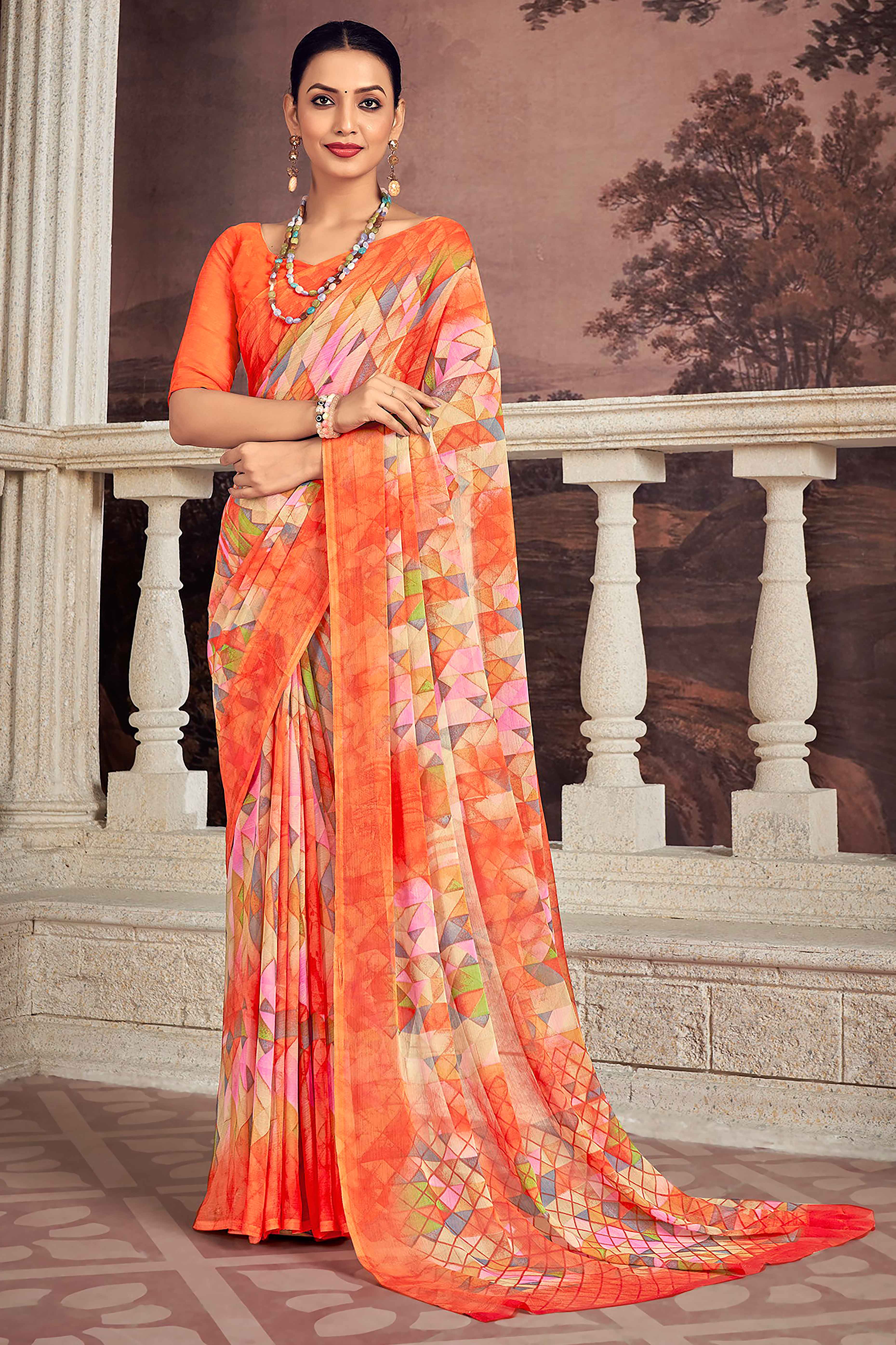 Vibrant Orange Chiffon Saree With Stylish Geometric Print