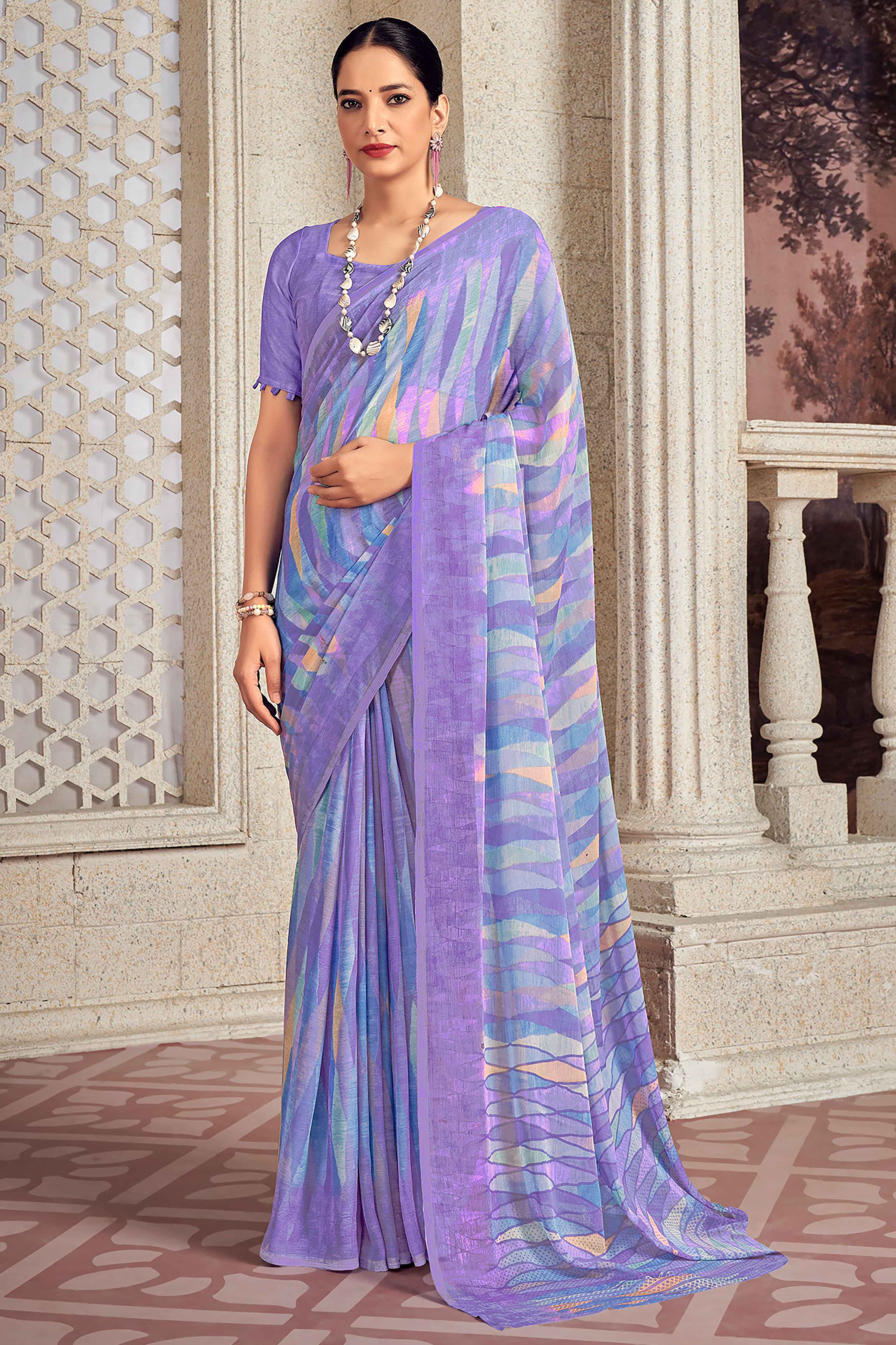 Graceful Lavender Chiffon Saree With Modern Geometric Print